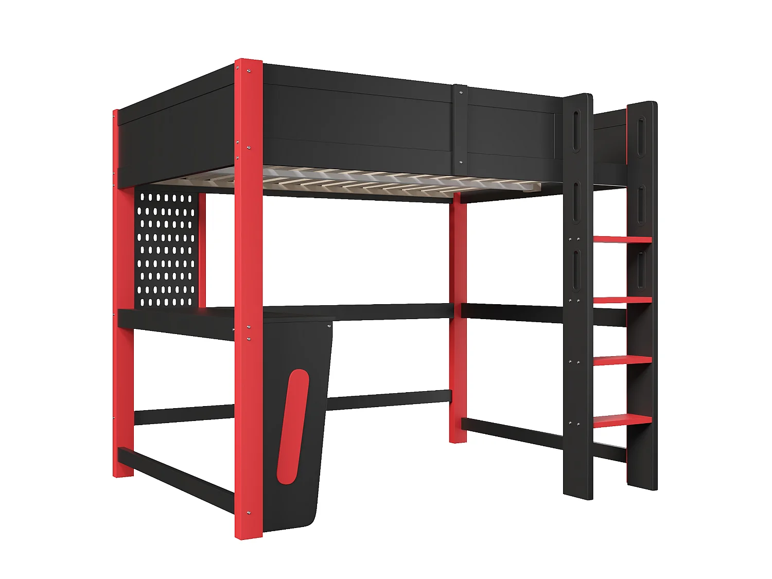 Hochbett 140 x 200 cm mit Schreibtisch, Lochwand, LED-Beleuchtung und Sicherheitsgeländer – Kiefer und MDF – Schwarz (Matratze nicht im Lieferumfang enthalten)