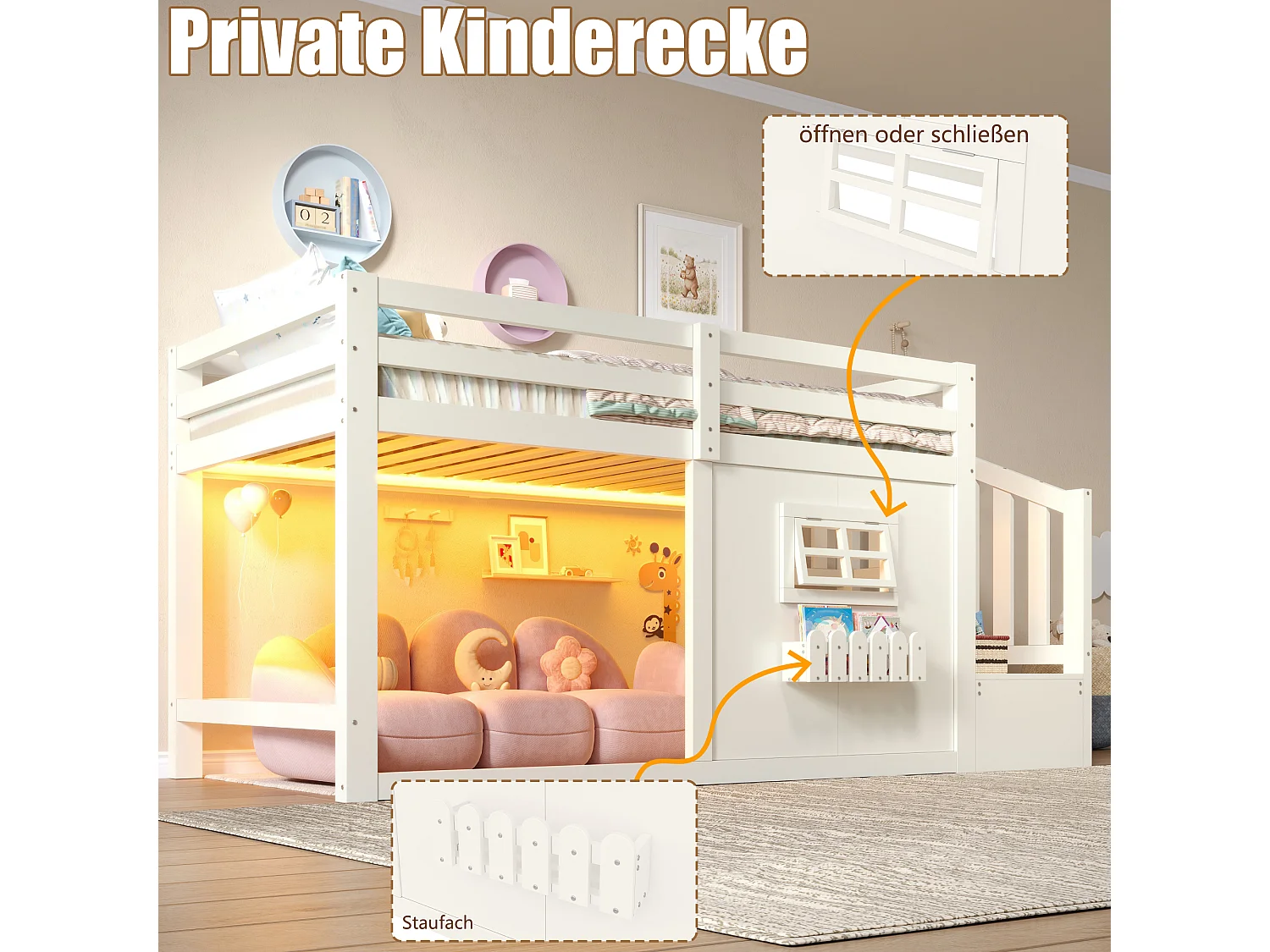 Lit mezzanine enfant 90 x 200 cm avec escalier de rangement, LED, fenêtre et barrières de sécurité – Pin et MDF – Blanc (Sans matelas)