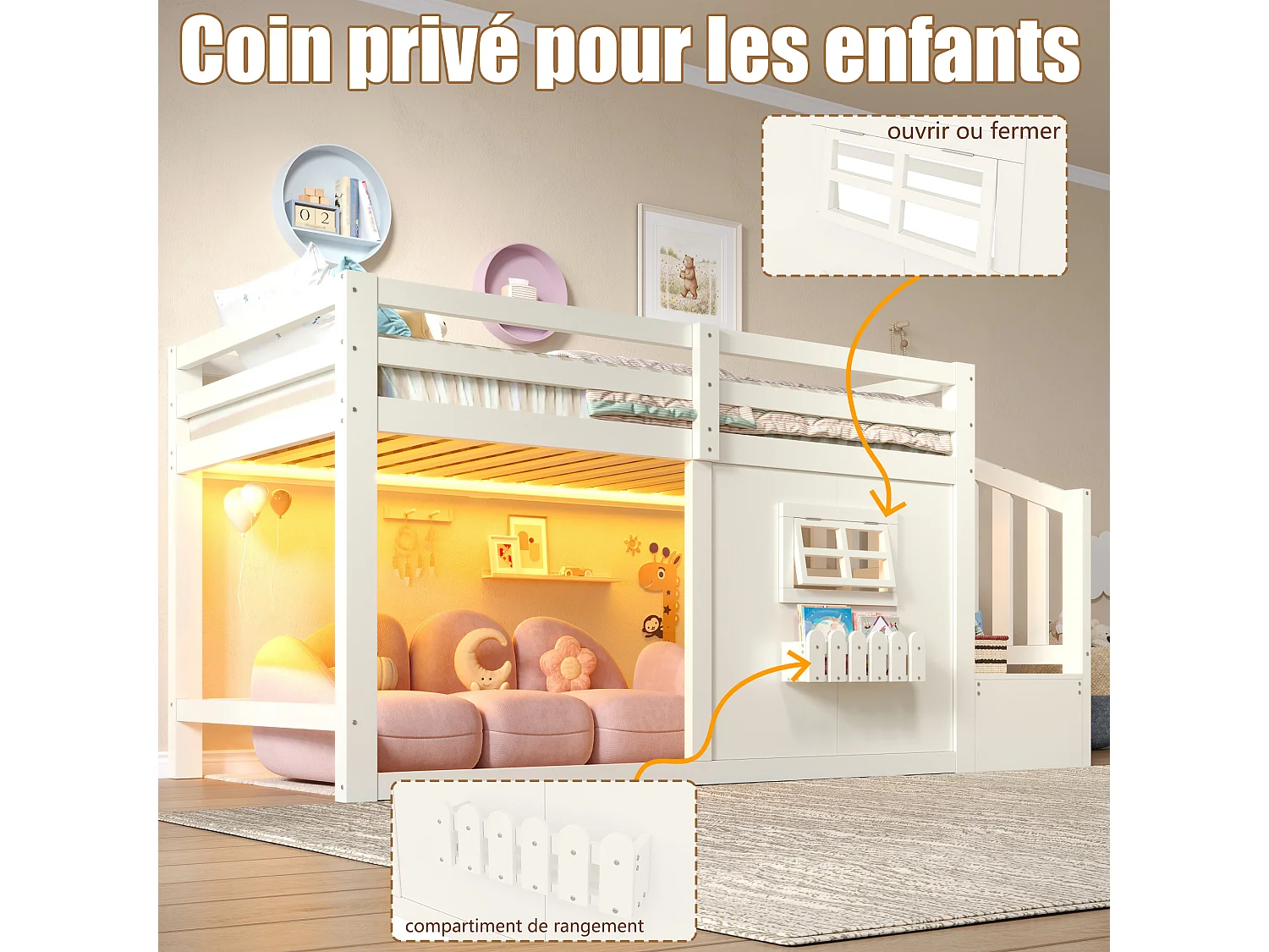 Lit mezzanine enfant 90 x 200 cm avec escalier de rangement, LED, fenêtre et barrières de sécurité – Pin et MDF – Blanc (Sans matelas)