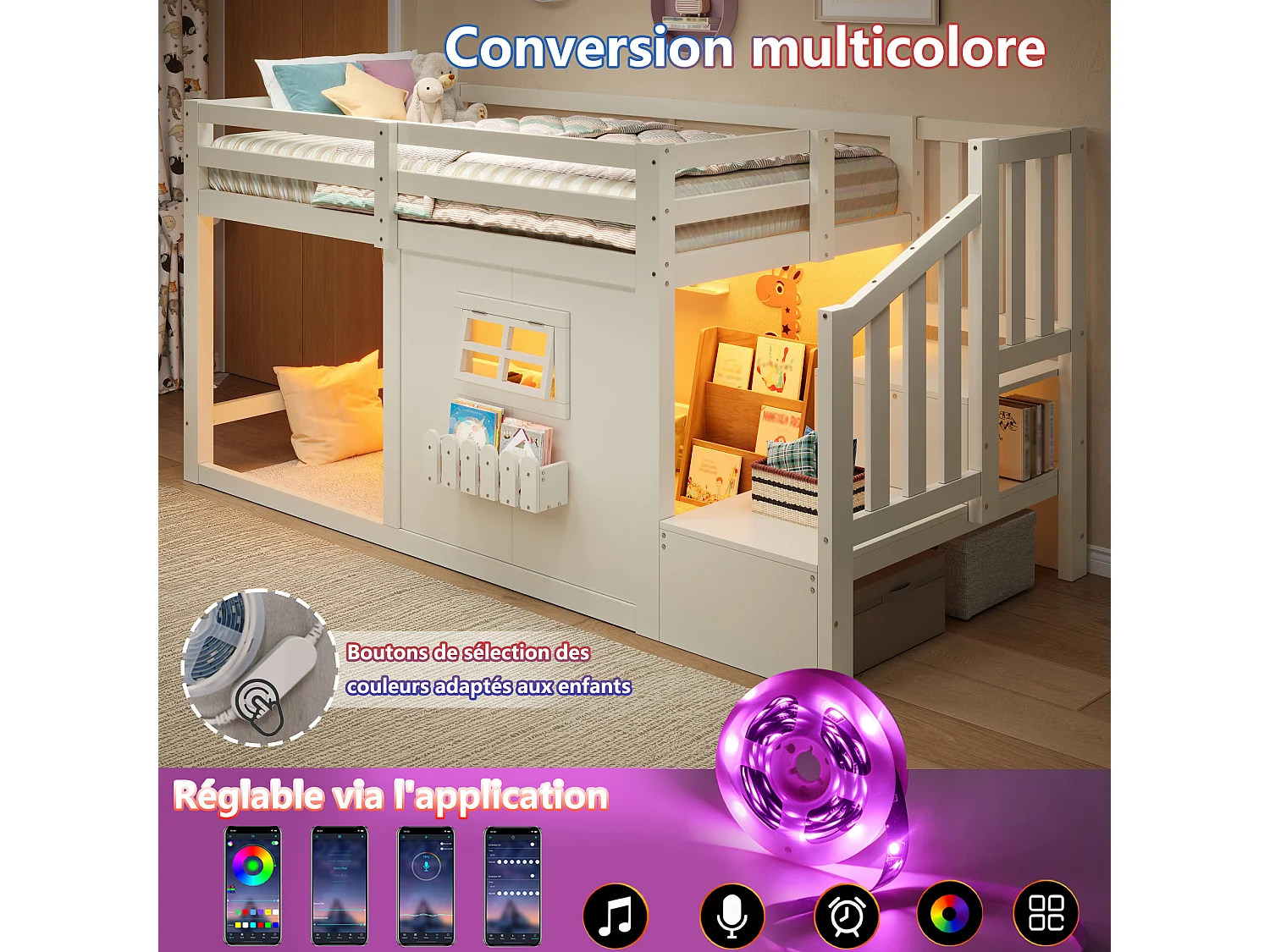 Lit mezzanine enfant 90 x 200 cm avec escalier de rangement, LED, fenêtre et barrières de sécurité – Pin et MDF – Blanc (Sans matelas)