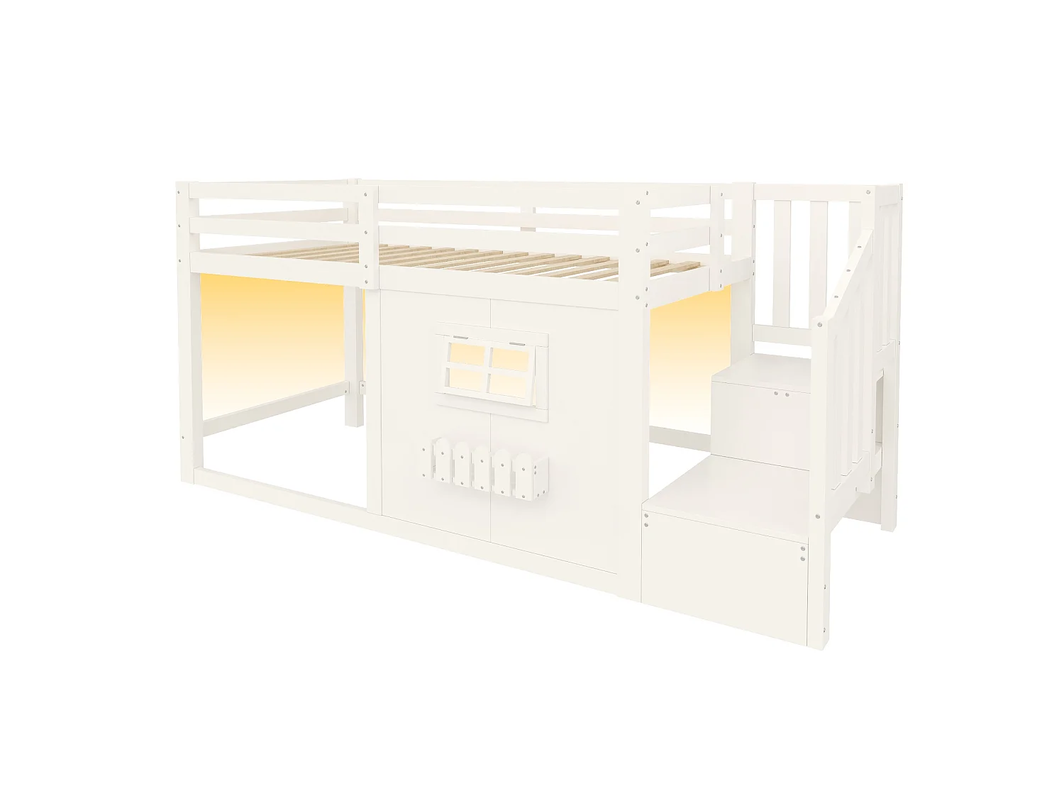 Lit mezzanine enfant 90 x 200 cm avec escalier de rangement, LED, fenêtre et barrières de sécurité – Pin et MDF – Blanc (Sans matelas)