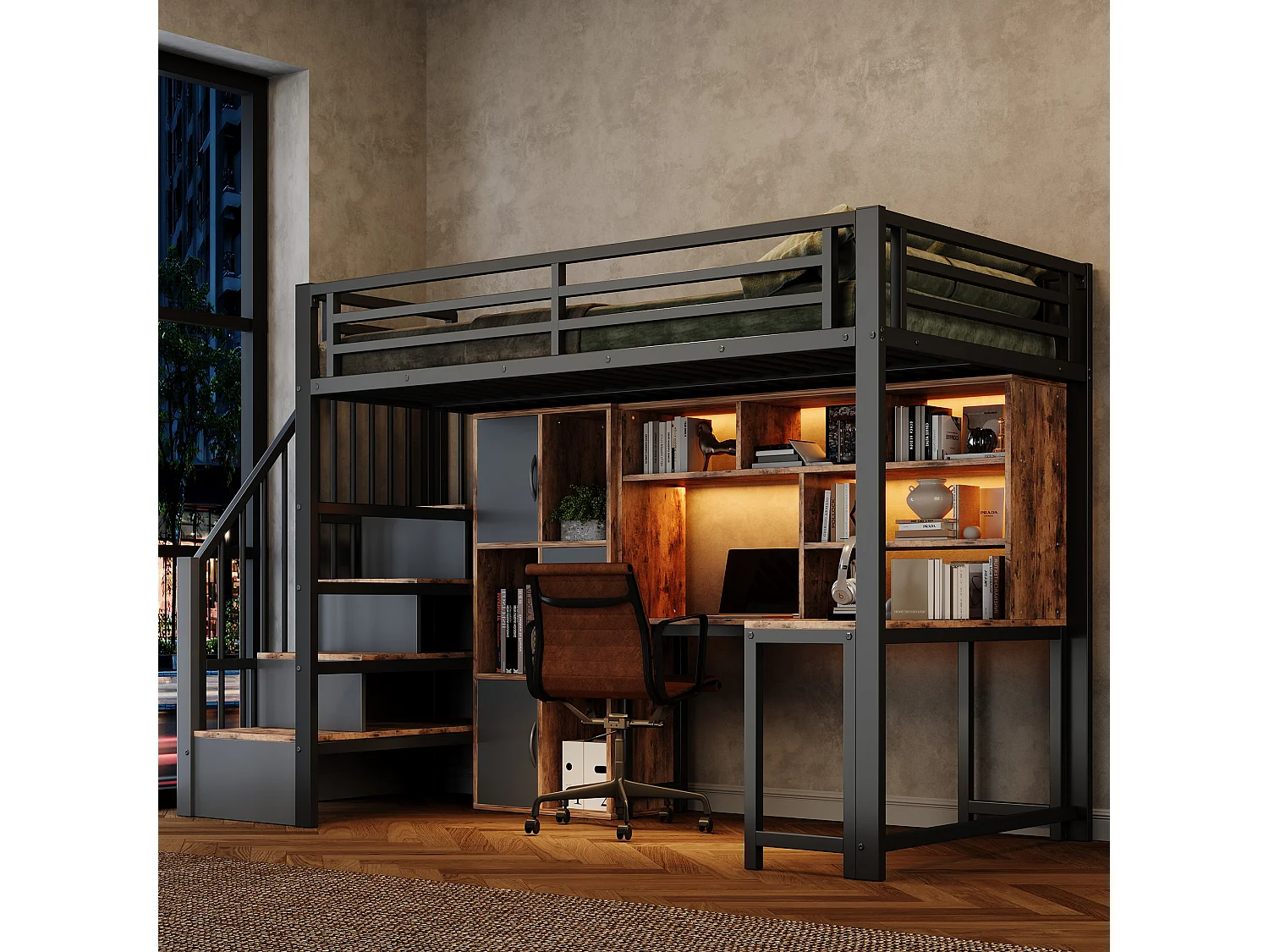 Hochbett 90 x 200 cm mit Schreibtisch, Stauraumtreppe, Schränken, Regalen und LED-Beleuchtung – Metall und MDF – Schwarz (Matratze nicht im Lieferumfang enthalten)