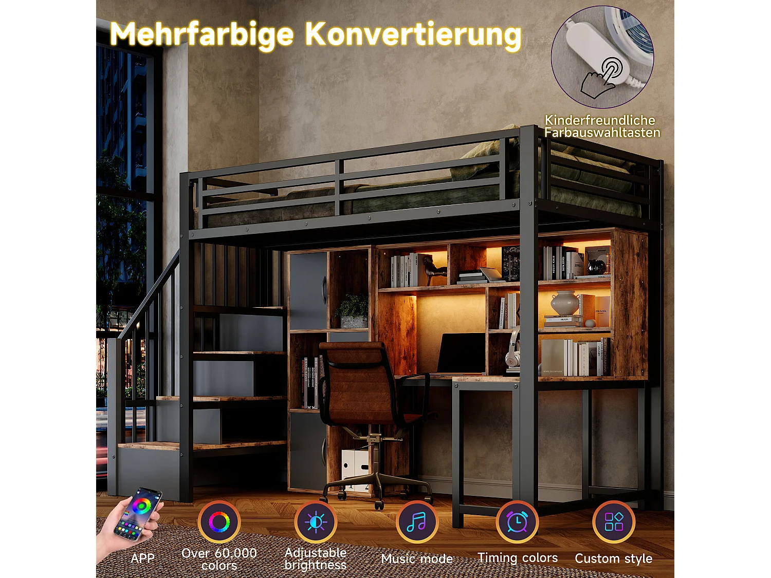 Hochbett 90 x 200 cm mit Schreibtisch, Stauraumtreppe, Schränken, Regalen und LED-Beleuchtung – Metall und MDF – Schwarz (Matratze nicht im Lieferumfang enthalten)