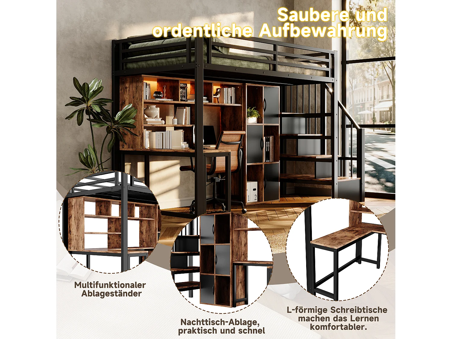 Hochbett 90 x 200 cm mit Schreibtisch, Stauraumtreppe, Schränken, Regalen und LED-Beleuchtung – Metall und MDF – Schwarz (Matratze nicht im Lieferumfang enthalten)