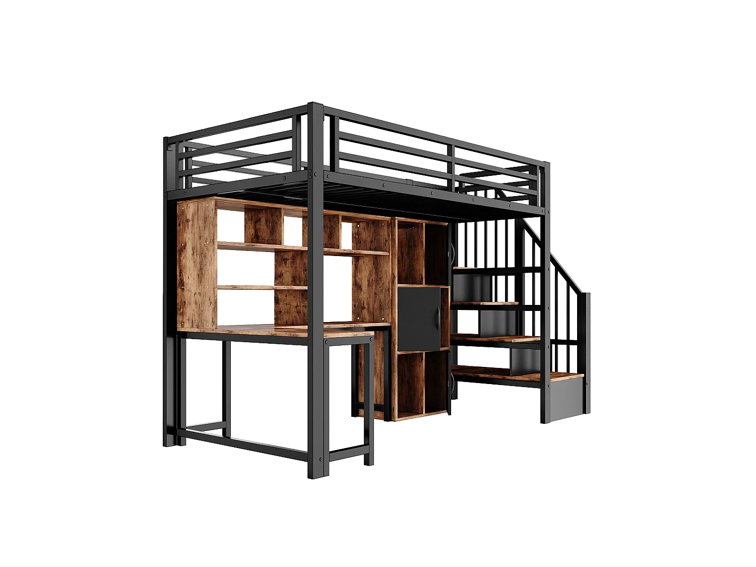 Hochbett 90 x 200 cm mit Schreibtisch, Stauraumtreppe, Schränken, Regalen und LED-Beleuchtung – Metall und MDF – Schwarz (Matratze nicht im Lieferumfang enthalten)