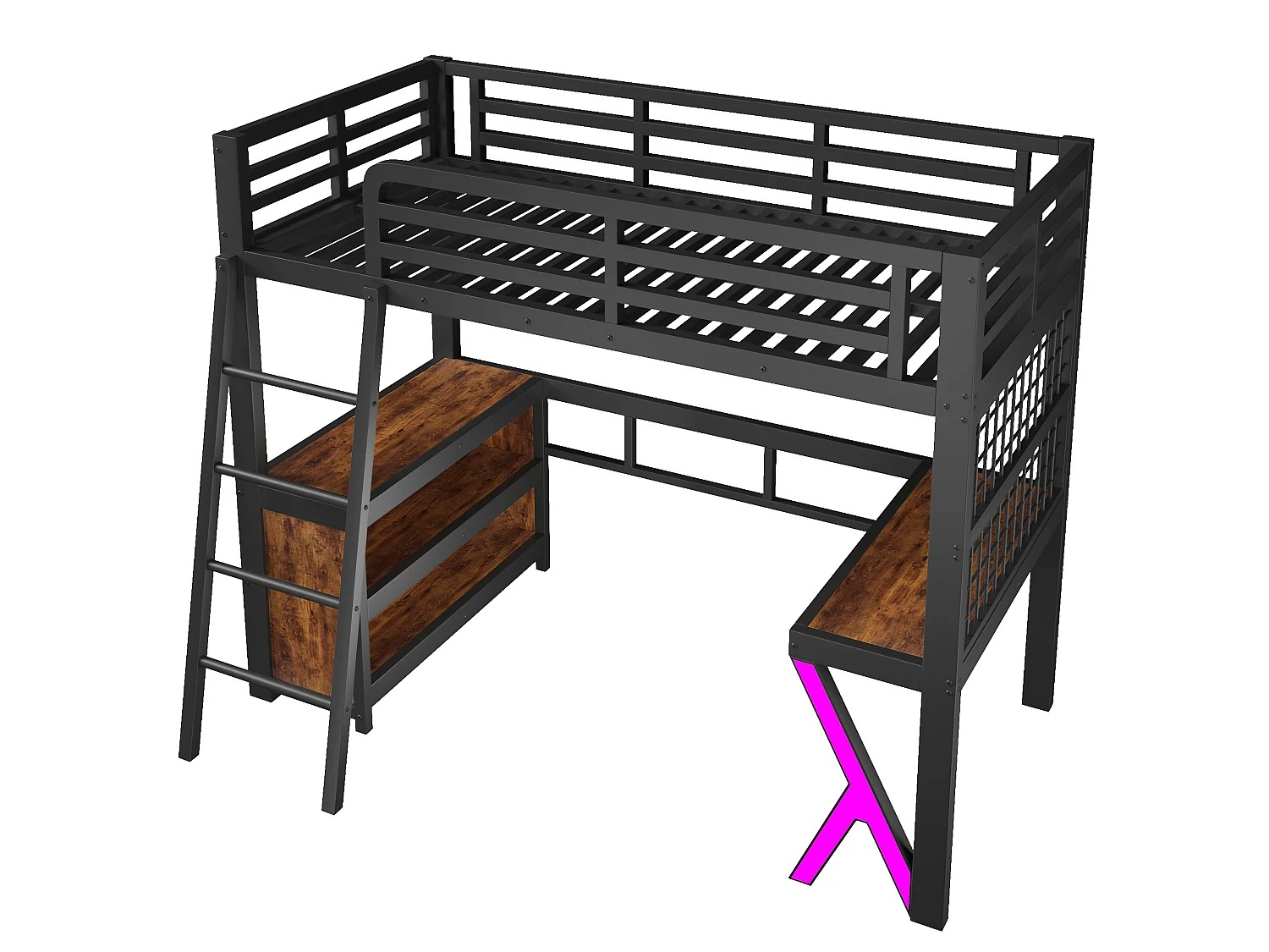 Lit mezzanine enfant 90 x 200 cm avec bureau, rangements, paroi grillagée et LED – Métal et MDF – Noir (Sans matelas)