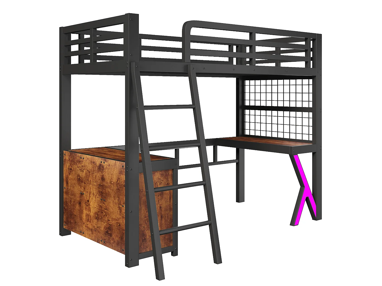 Lit mezzanine enfant 90 x 200 cm avec bureau, rangements, paroi grillagée et LED – Métal et MDF – Noir (Sans matelas)