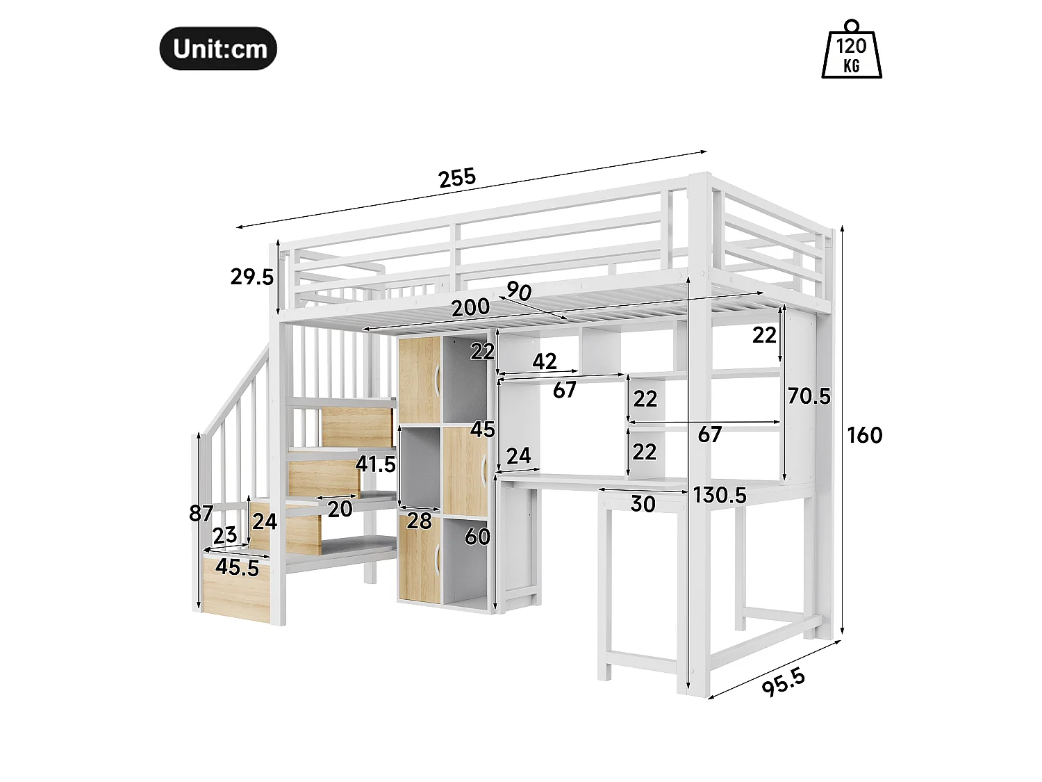 Loft bed 90 x 200 cm with desk, storage stairs, cupboards, shelves and LED lighting – Metal and MDF – White (Mattress not included)