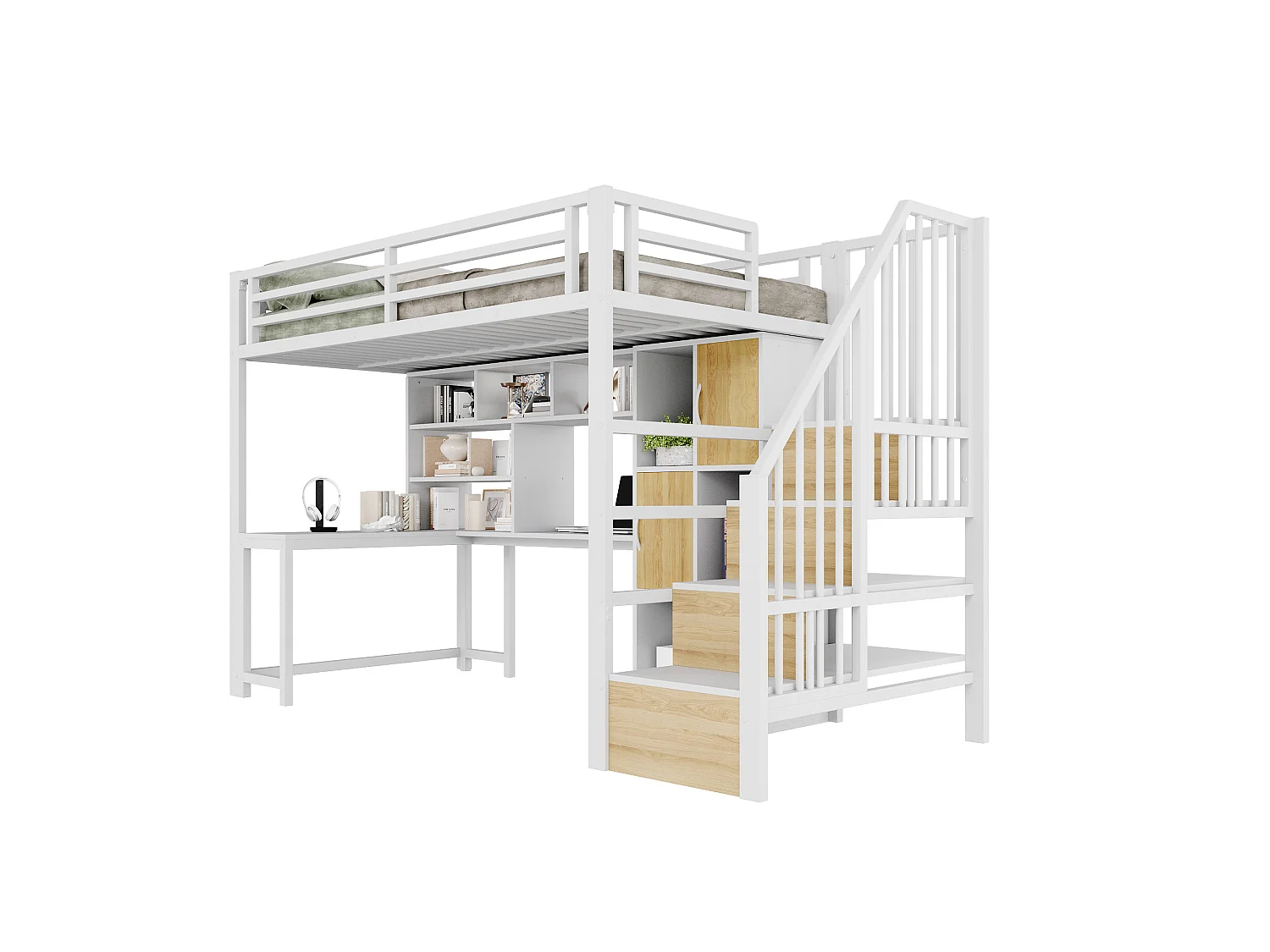 Loft bed 90 x 200 cm with desk, storage stairs, cupboards, shelves and LED lighting – Metal and MDF – White (Mattress not included)
