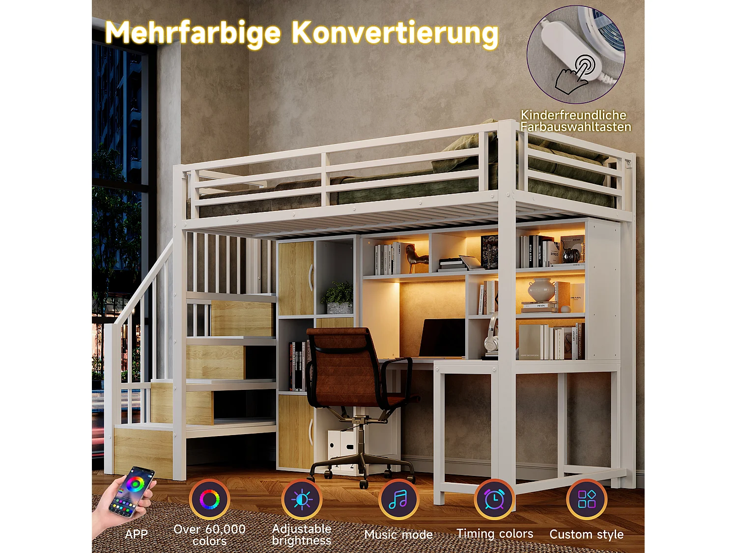 Loft bed 90 x 200 cm with desk, storage stairs, cupboards, shelves and LED lighting – Metal and MDF – White (Mattress not included)