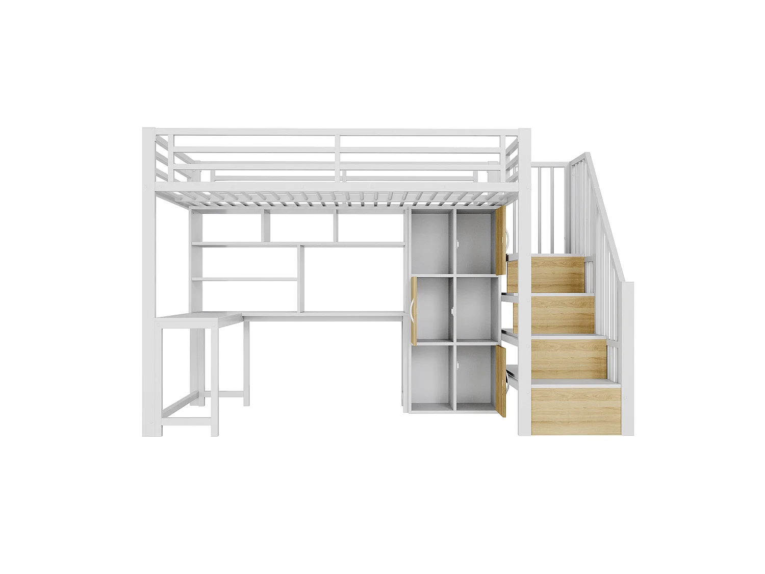 Loft bed 90 x 200 cm with desk, storage stairs, cupboards, shelves and LED lighting – Metal and MDF – White (Mattress not included)