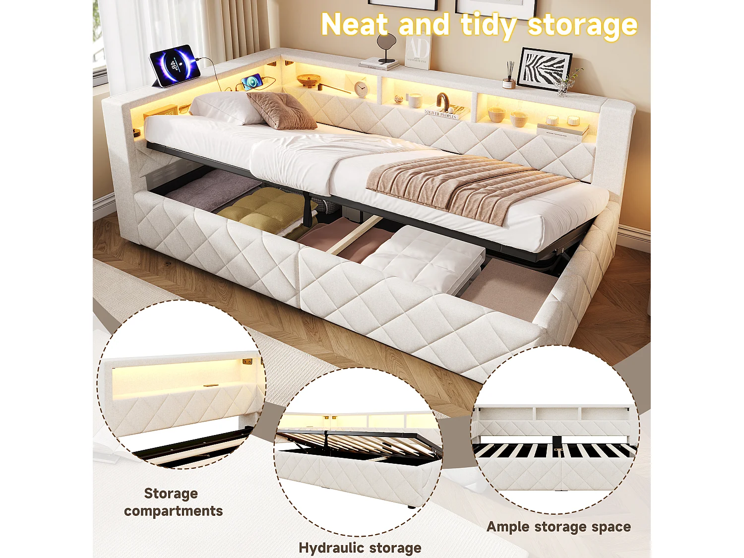 Klädd säng med förvaring 90 x 200 cm med hydraulisk förvaring, LED-belysning och öppen förvaring – Linne och MDF – Beige (Madrass ingår ej)