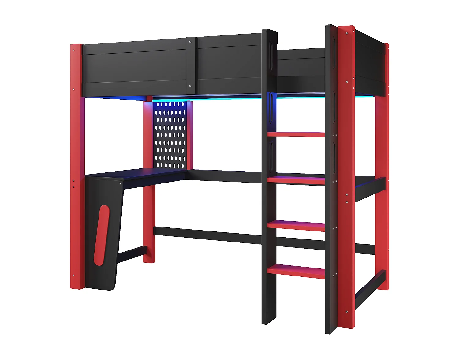 Hochbett 90 x 200 cm mit Schreibtisch, Lochwand, LED-Beleuchtung und Sicherheitsgeländer – Kiefer und MDF – Schwarz (Matratze nicht im Lieferumfang enthalten)