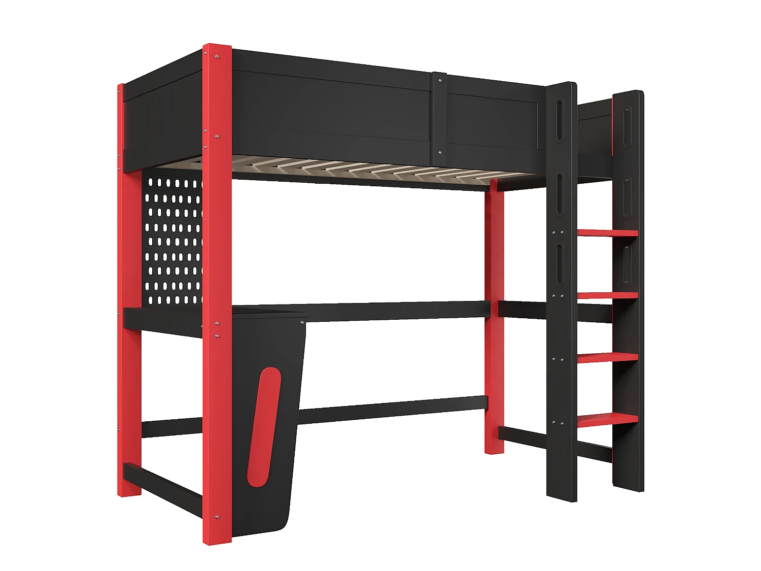Hochbett 90 x 200 cm mit Schreibtisch, Lochwand, LED-Beleuchtung und Sicherheitsgeländer – Kiefer und MDF – Schwarz (Matratze nicht im Lieferumfang enthalten)