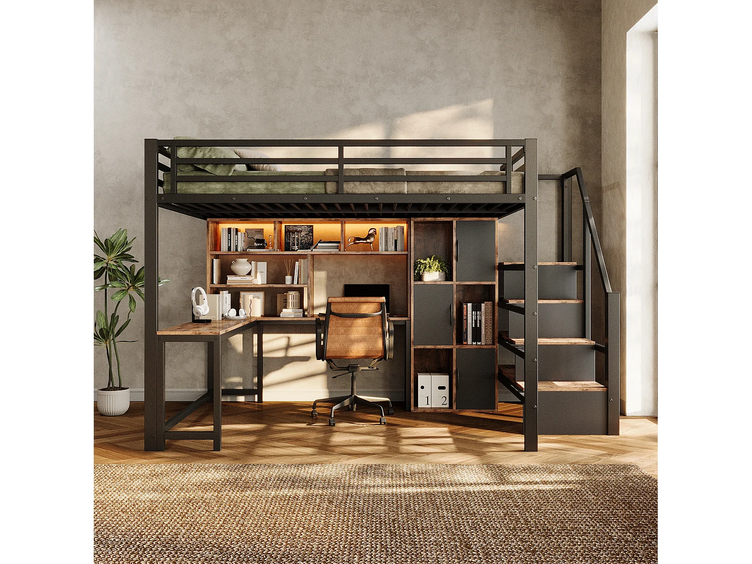 Hochbett 140 x 200 cm mit Schreibtisch, Stauraumtreppe, Schränken, Regalen und LED-Beleuchtung – Metall und MDF – Schwarz (Matratze nicht im Lieferumfang enthalten)