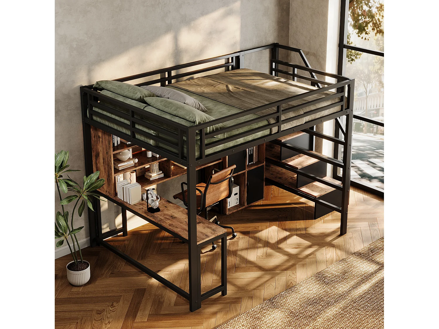 Hochbett 140 x 200 cm mit Schreibtisch, Stauraumtreppe, Schränken, Regalen und LED-Beleuchtung – Metall und MDF – Schwarz (Matratze nicht im Lieferumfang enthalten)