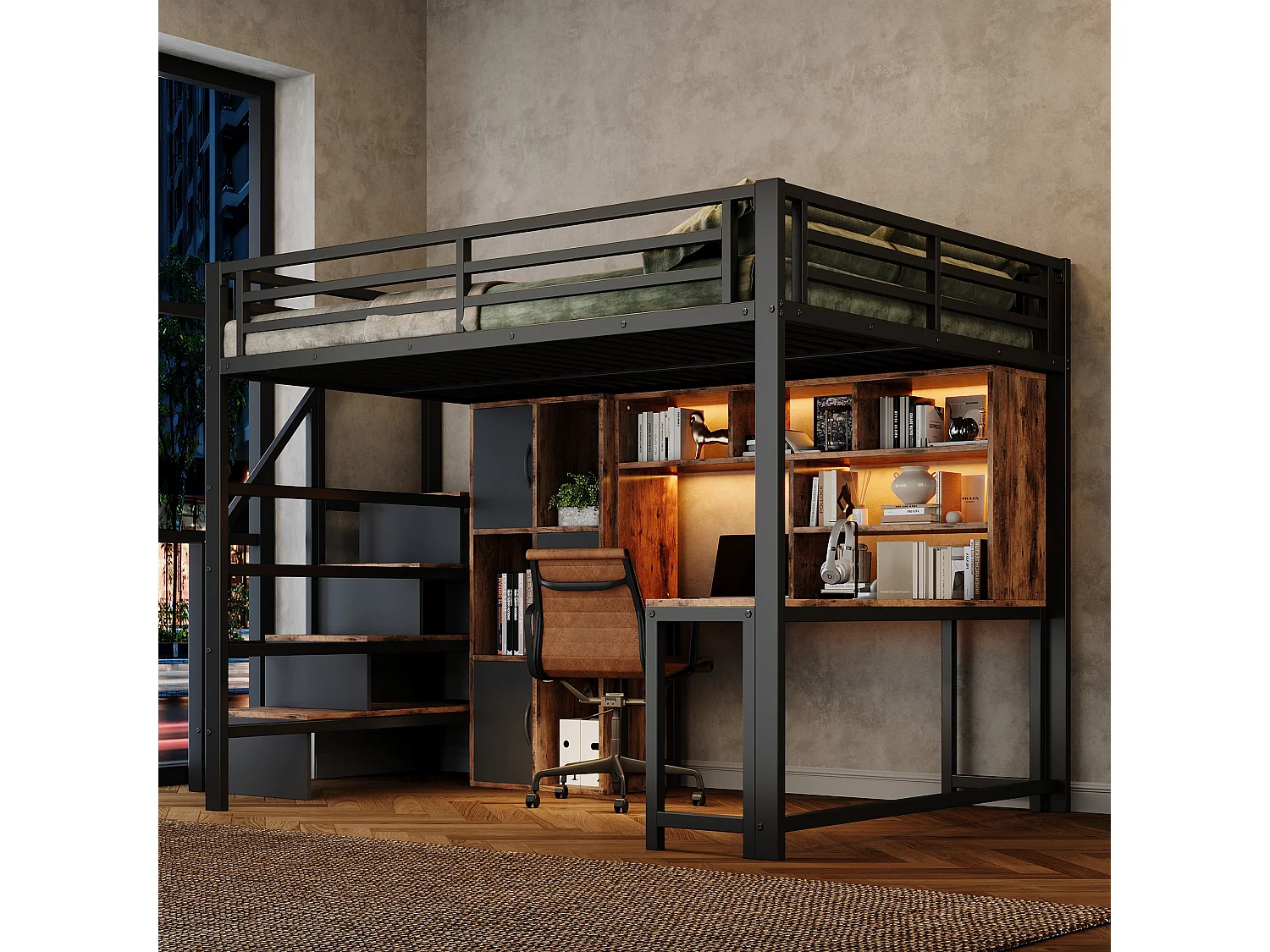 Hochbett 140 x 200 cm mit Schreibtisch, Stauraumtreppe, Schränken, Regalen und LED-Beleuchtung – Metall und MDF – Schwarz (Matratze nicht im Lieferumfang enthalten)