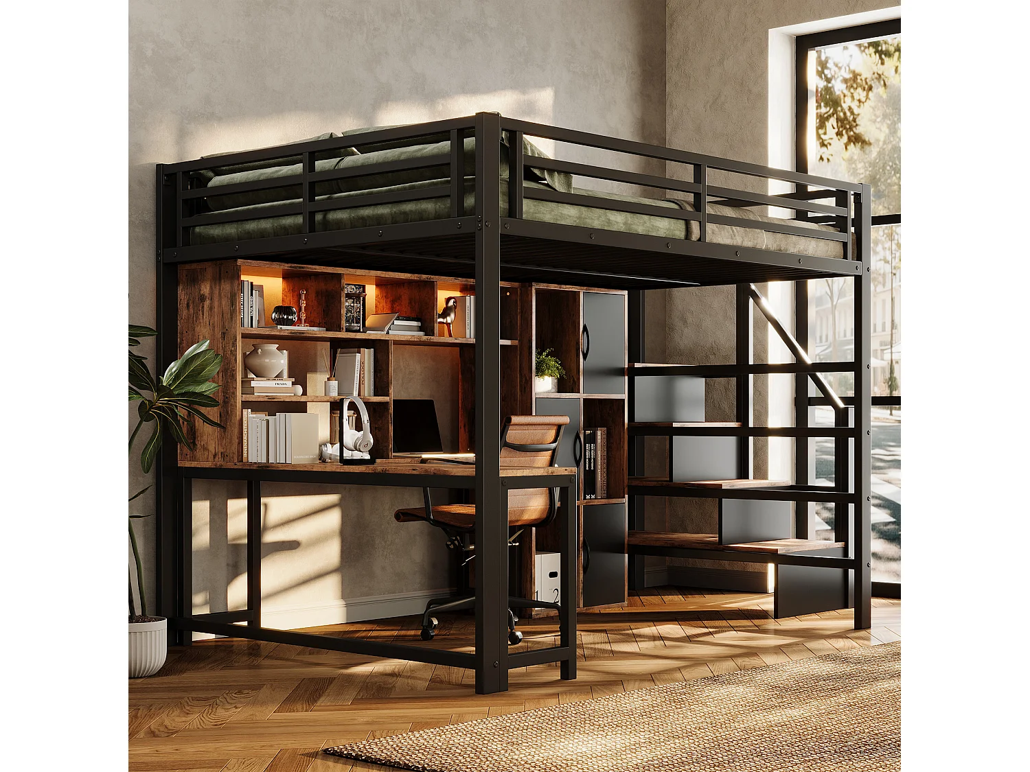 Hochbett 140 x 200 cm mit Schreibtisch, Stauraumtreppe, Schränken, Regalen und LED-Beleuchtung – Metall und MDF – Schwarz (Matratze nicht im Lieferumfang enthalten)
