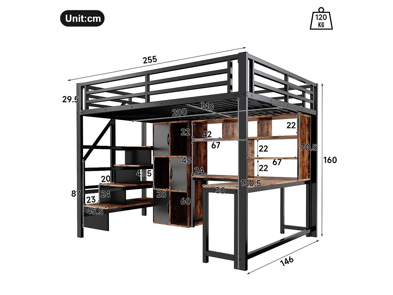 Hochbett 140 x 200 cm mit Schreibtisch, Stauraumtreppe, Schränken, Regalen und LED-Beleuchtung – Metall und MDF – Schwarz (Matratze nicht im Lieferumfang enthalten)