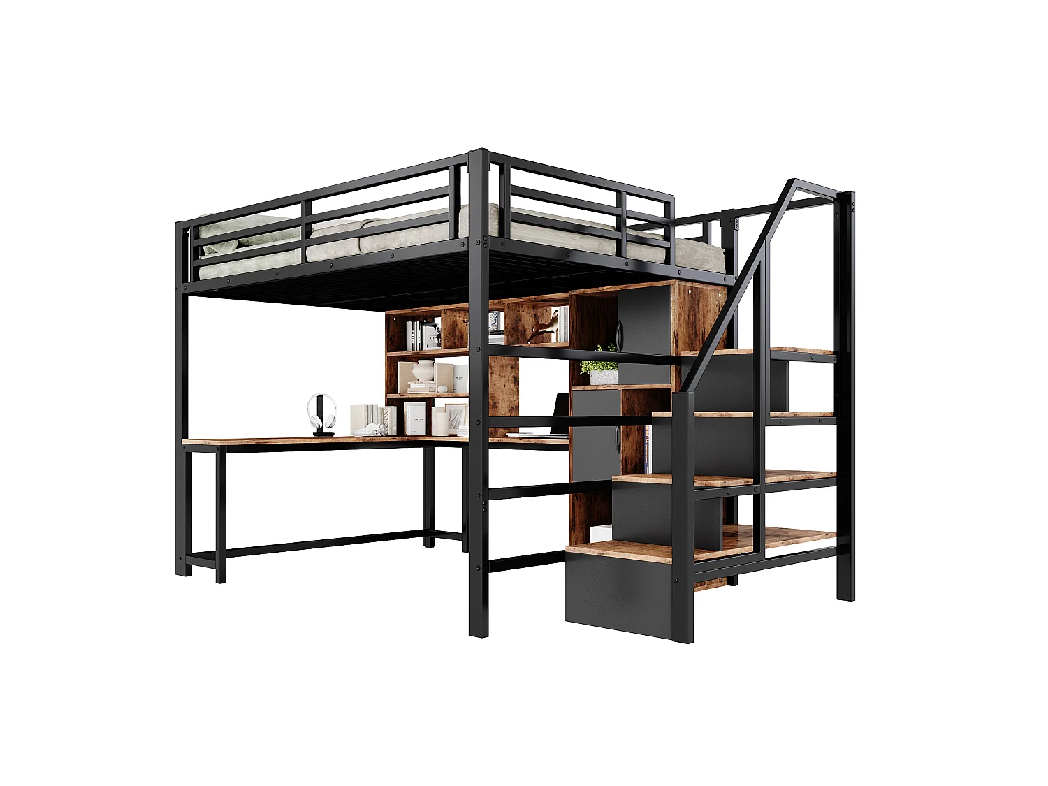 Hochbett 140 x 200 cm mit Schreibtisch, Stauraumtreppe, Schränken, Regalen und LED-Beleuchtung – Metall und MDF – Schwarz (Matratze nicht im Lieferumfang enthalten)