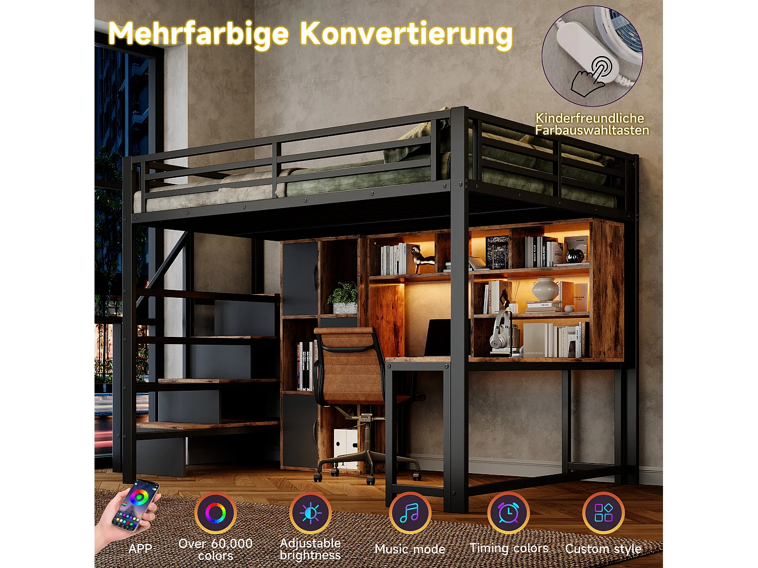 Hochbett 140 x 200 cm mit Schreibtisch, Stauraumtreppe, Schränken, Regalen und LED-Beleuchtung – Metall und MDF – Schwarz (Matratze nicht im Lieferumfang enthalten)