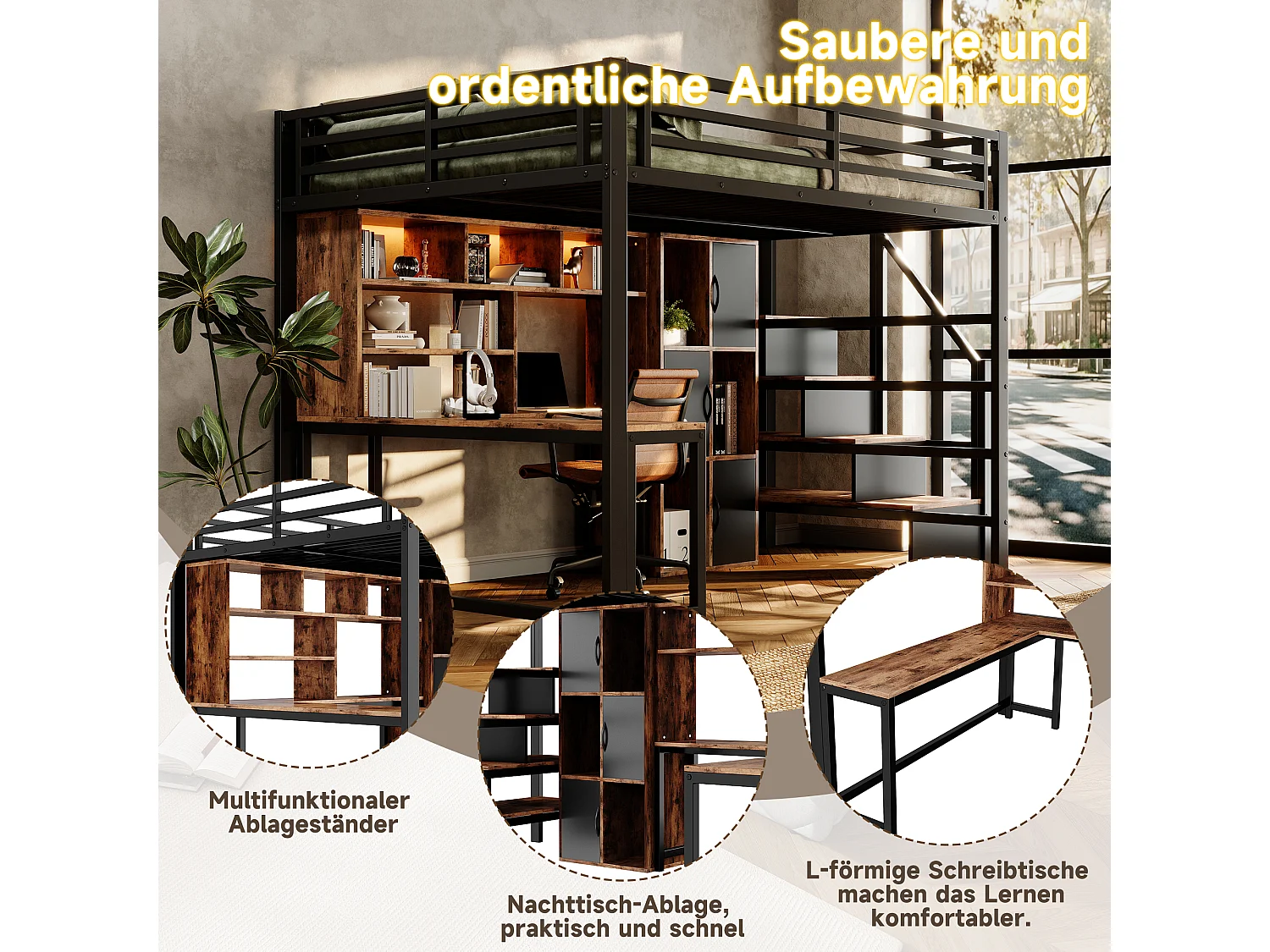 Hochbett 140 x 200 cm mit Schreibtisch, Stauraumtreppe, Schränken, Regalen und LED-Beleuchtung – Metall und MDF – Schwarz (Matratze nicht im Lieferumfang enthalten)