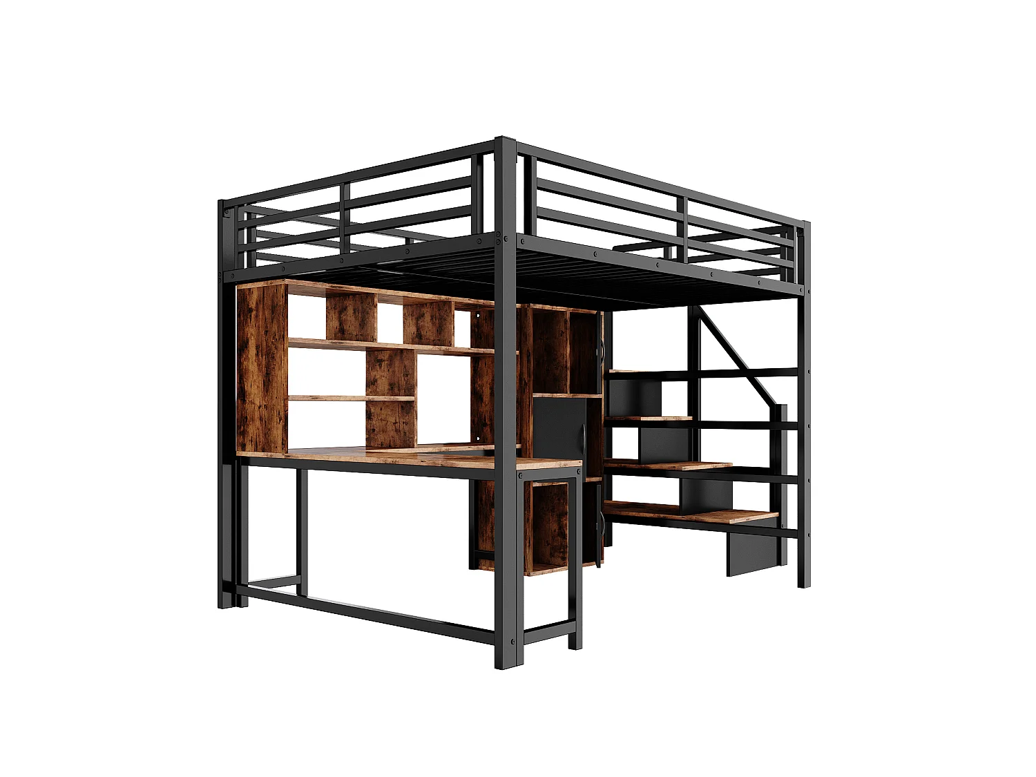 Hochbett 140 x 200 cm mit Schreibtisch, Stauraumtreppe, Schränken, Regalen und LED-Beleuchtung – Metall und MDF – Schwarz (Matratze nicht im Lieferumfang enthalten)