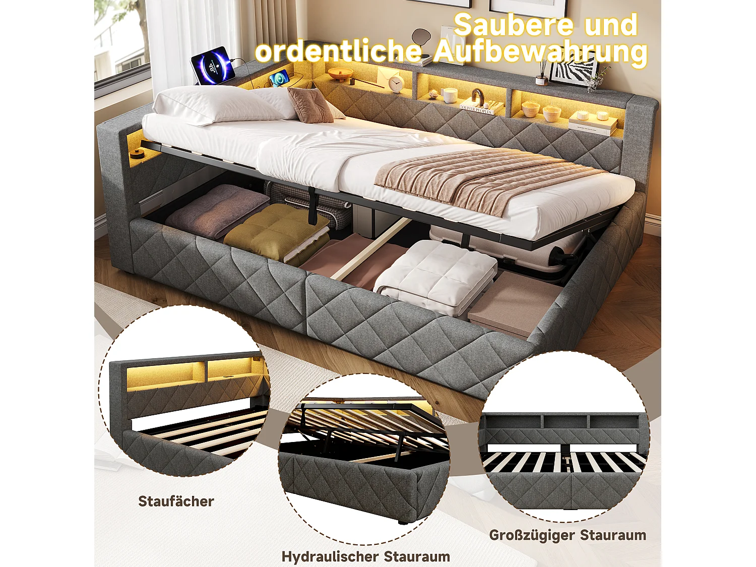 Klädd säng med förvaring 140 x 200 cm med hydraulisk förvaring, LED-belysning och öppen förvaring – Linne och MDF – Grå (Madrass ingår ej)