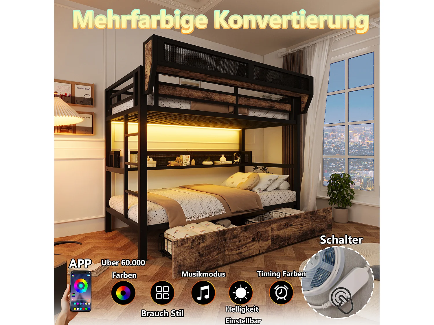 Letto a soppalco 90 x 200 cm con 2 cassetti, vano contenitore a giorno, cestino da comodino e illuminazione a LED – Metallo e MDF – Nero (Materasso non incluso)