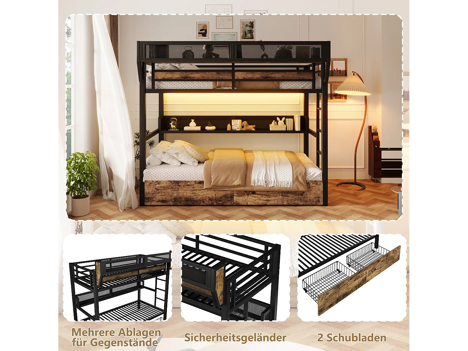 Letto a soppalco 90 x 200 cm con 2 cassetti, vano contenitore a giorno, cestino da comodino e illuminazione a LED – Metallo e MDF – Nero (Materasso non incluso)