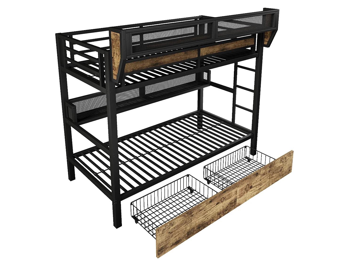 Letto a soppalco 90 x 200 cm con 2 cassetti, vano contenitore a giorno, cestino da comodino e illuminazione a LED – Metallo e MDF – Nero (Materasso non incluso)