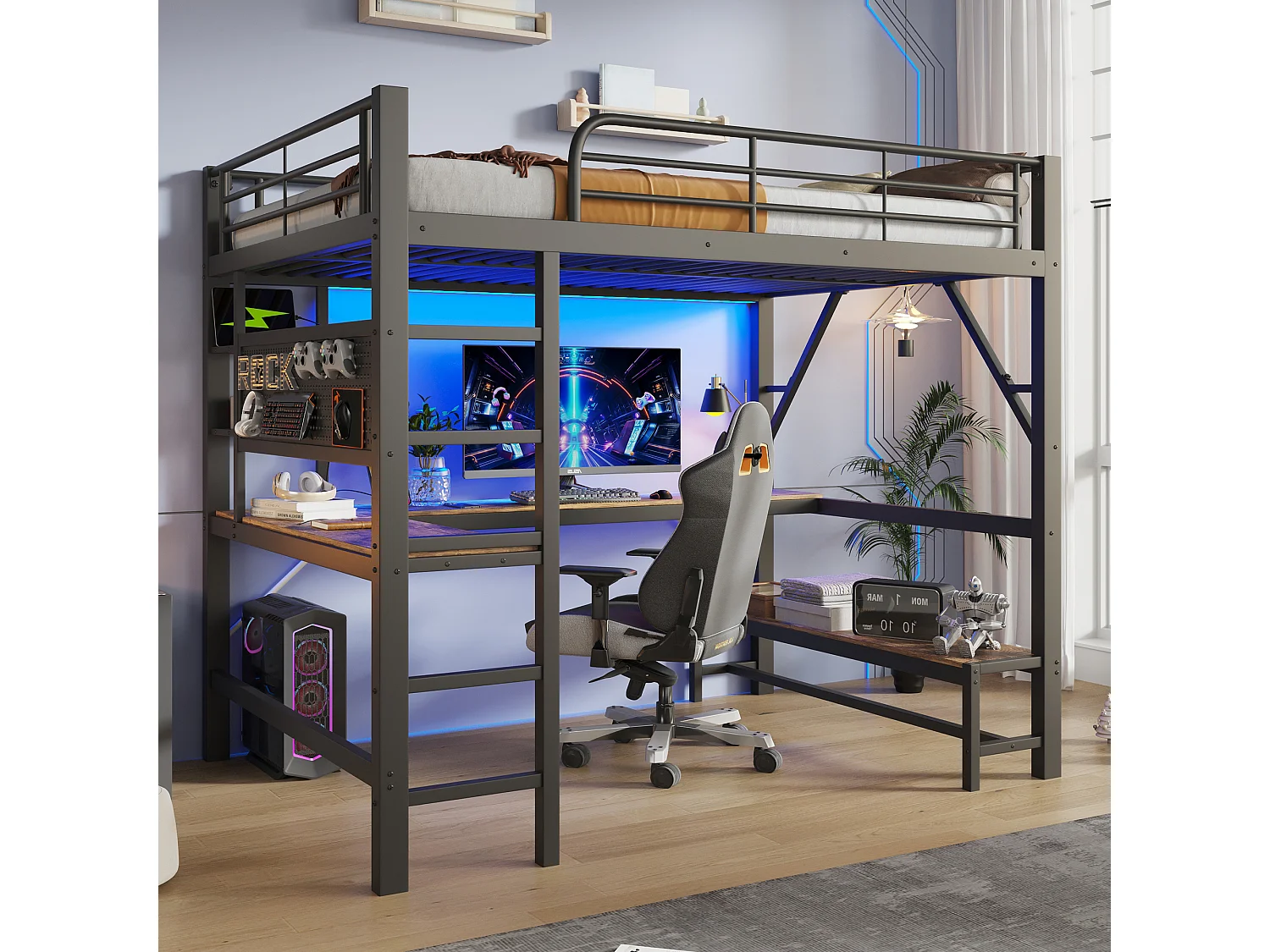 Lit mezzanine 160 x 200 cm avec bureau, rangements, LED, USB-C et panneau perforé – Métal et MDF – Noir (Sans matelas)