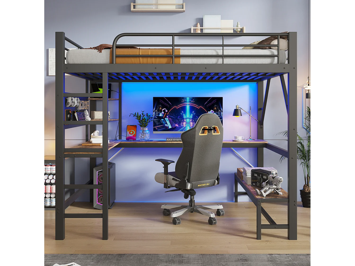 Lit mezzanine 160 x 200 cm avec bureau, rangements, LED, USB-C et panneau perforé – Métal et MDF – Noir (Sans matelas)