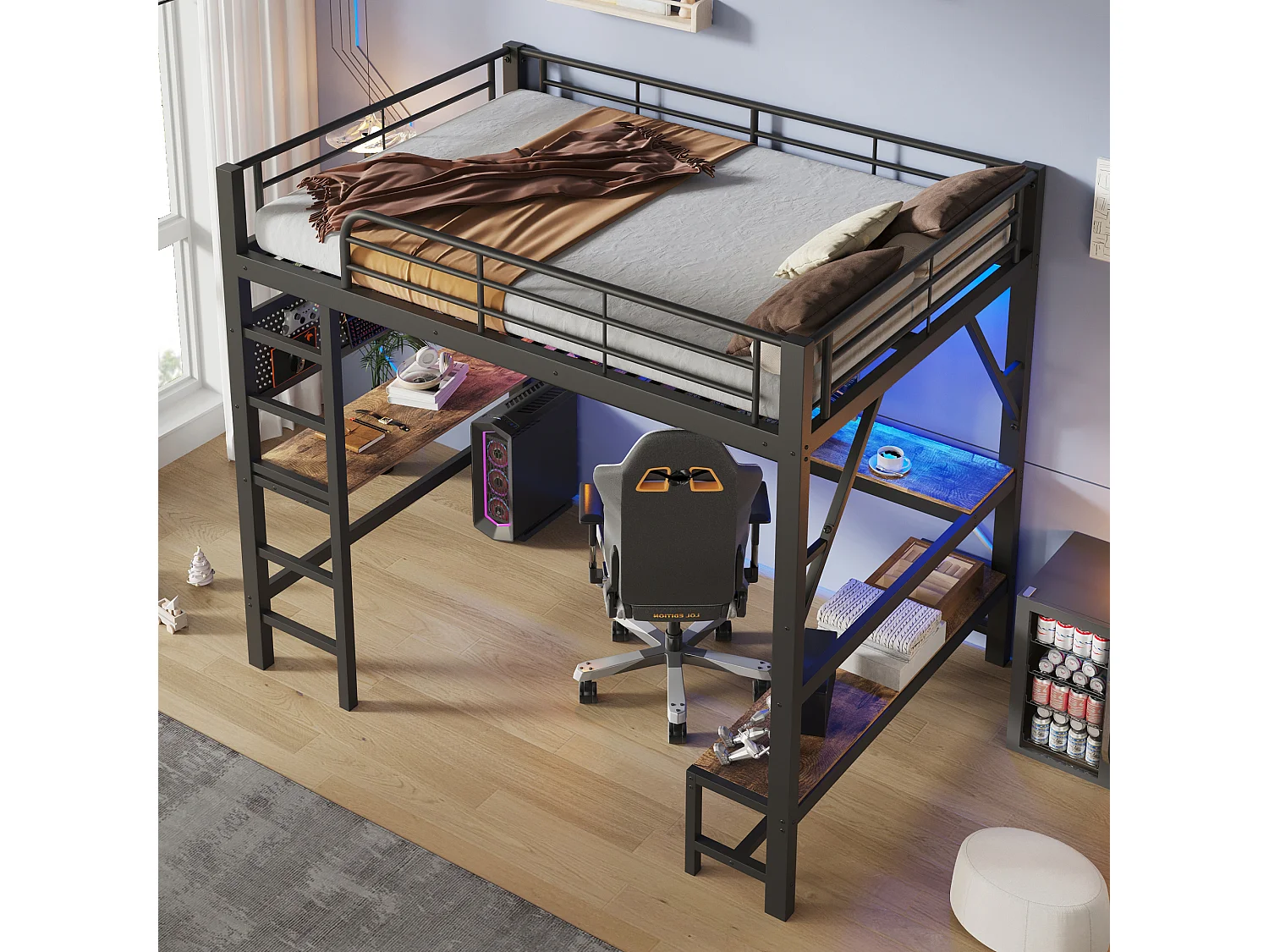 Lit mezzanine 160 x 200 cm avec bureau, rangements, LED, USB-C et panneau perforé – Métal et MDF – Noir (Sans matelas)