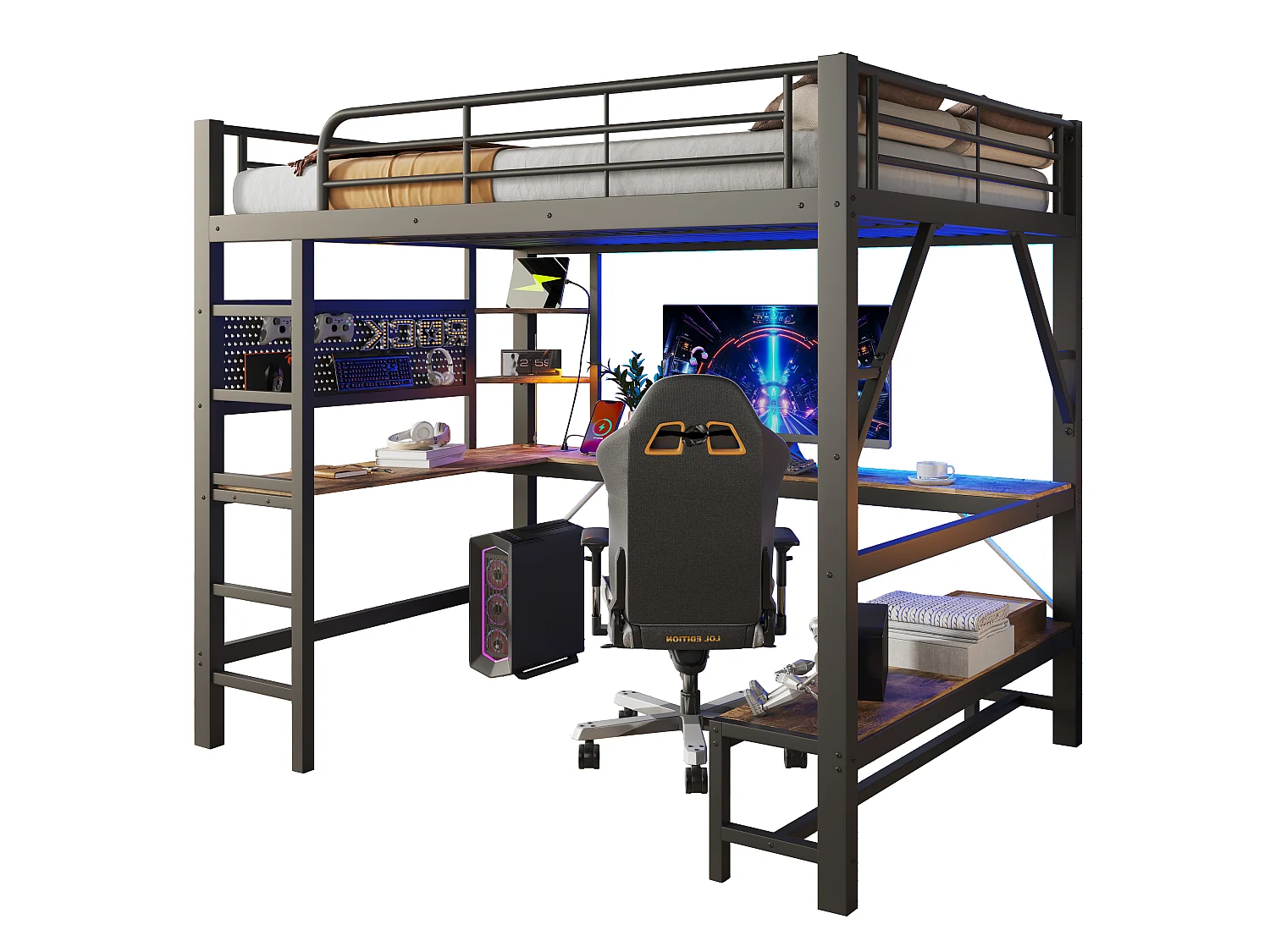 Lit mezzanine 160 x 200 cm avec bureau, rangements, LED, USB-C et panneau perforé – Métal et MDF – Noir (Sans matelas)