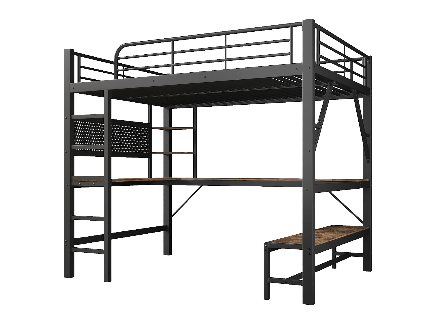 Lit mezzanine 160 x 200 cm avec bureau, rangements, LED, USB-C et panneau perforé – Métal et MDF – Noir (Sans matelas)
