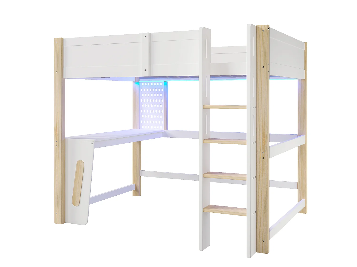 Letto a soppalco 140 x 200 cm con scrivania, pannello forato, luci a LED e sponde di sicurezza – Pino e MDF – Bianco + Naturale (Materasso non incluso)