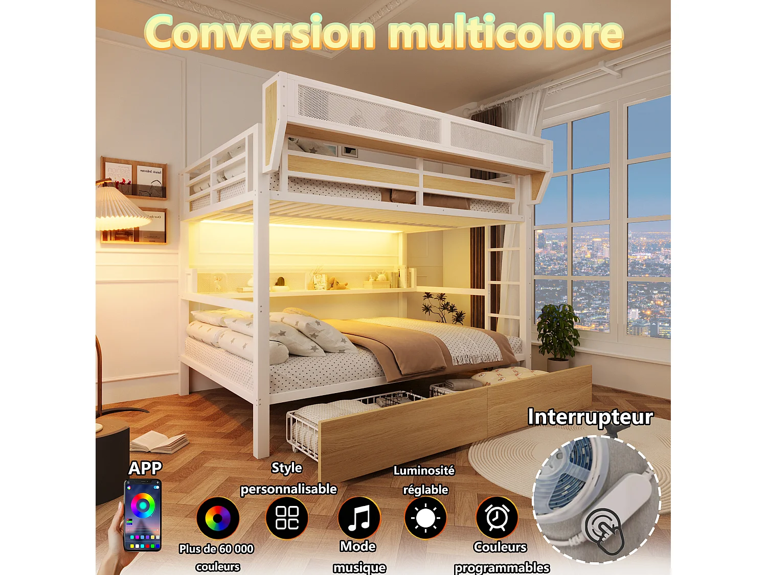 Hochbett 140 x 200 cm mit 2 Schubladen, offenem Stauraum, Nachttischkorb und LED-Beleuchtung – Metall und MDF – Weiß (Matratze nicht im Lieferumfang enthalten)