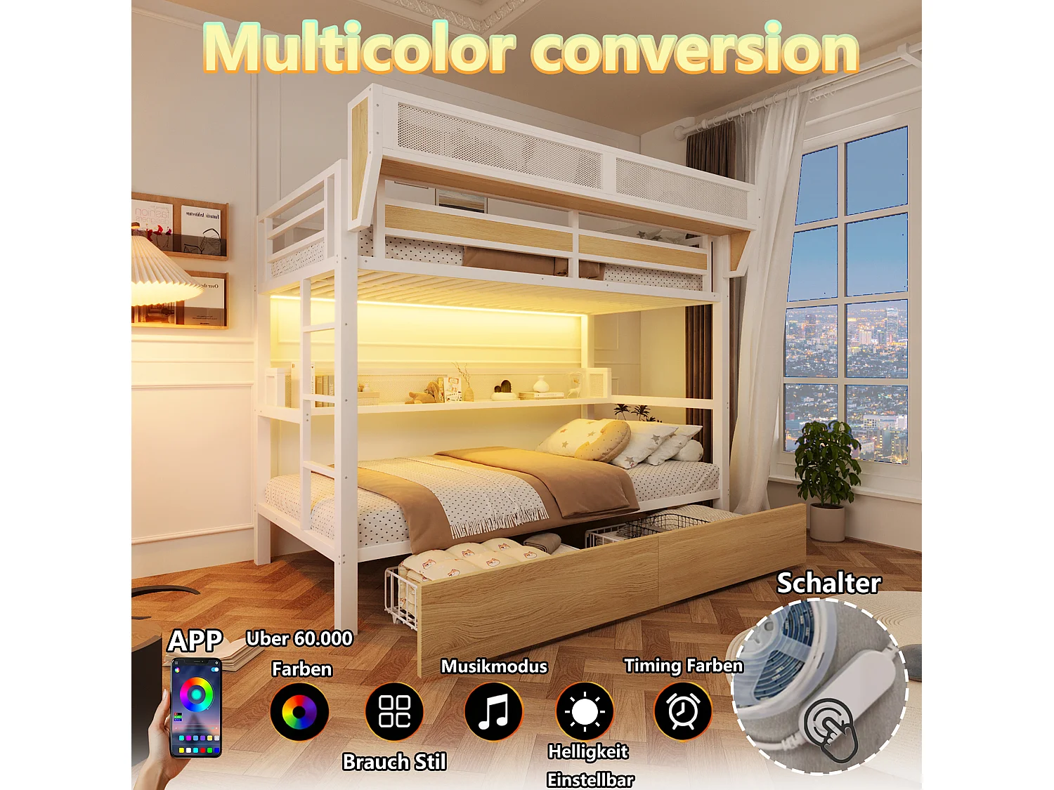 Letto a soppalco 90 x 200 cm con 2 cassetti, vani a giorno, cestino da comodino e illuminazione a LED – Metallo e MDF – Bianco (Materasso non incluso)