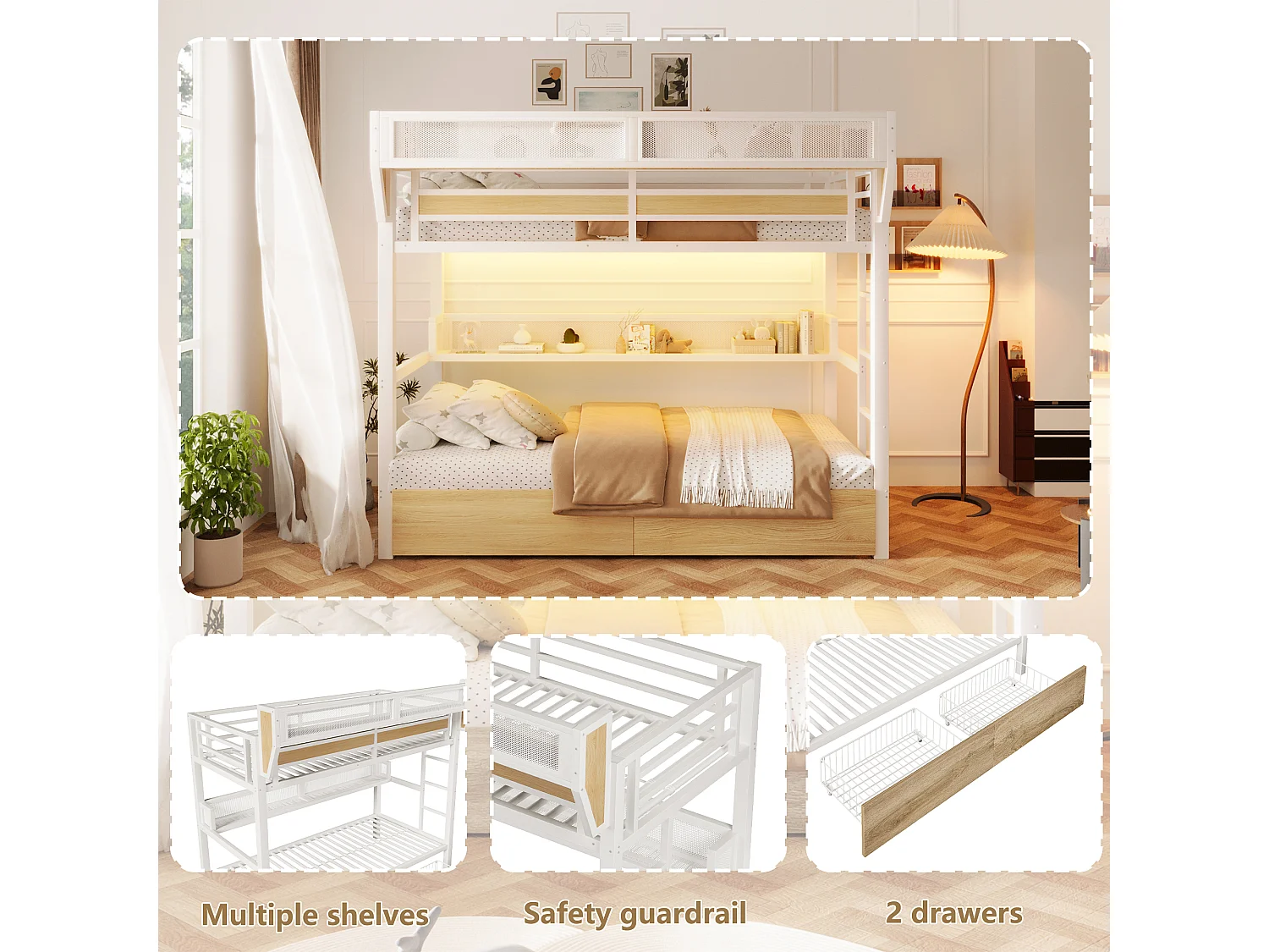 Letto a soppalco 90 x 200 cm con 2 cassetti, vani a giorno, cestino da comodino e illuminazione a LED – Metallo e MDF – Bianco (Materasso non incluso)