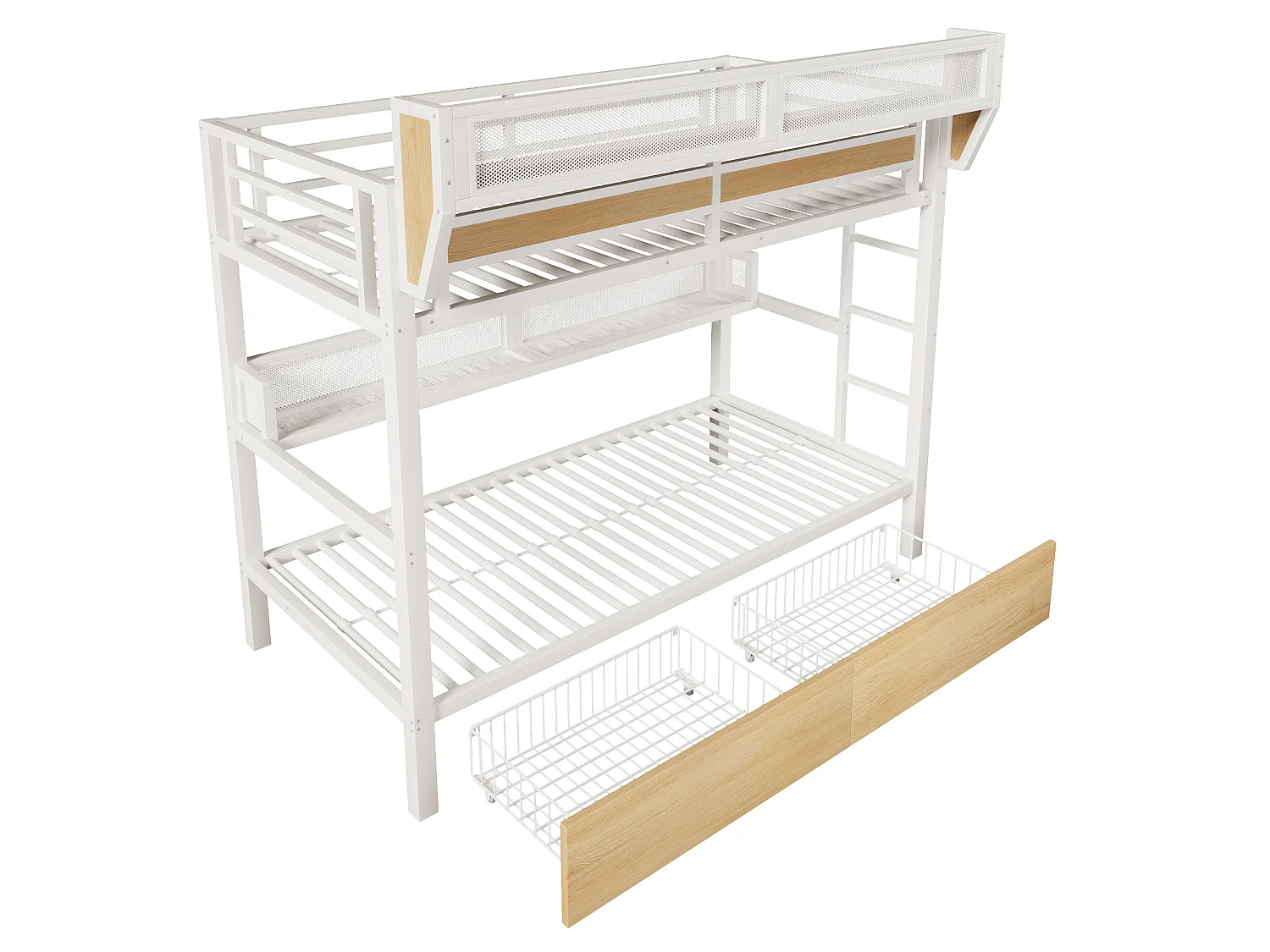 Letto a soppalco 90 x 200 cm con 2 cassetti, vani a giorno, cestino da comodino e illuminazione a LED – Metallo e MDF – Bianco (Materasso non incluso)