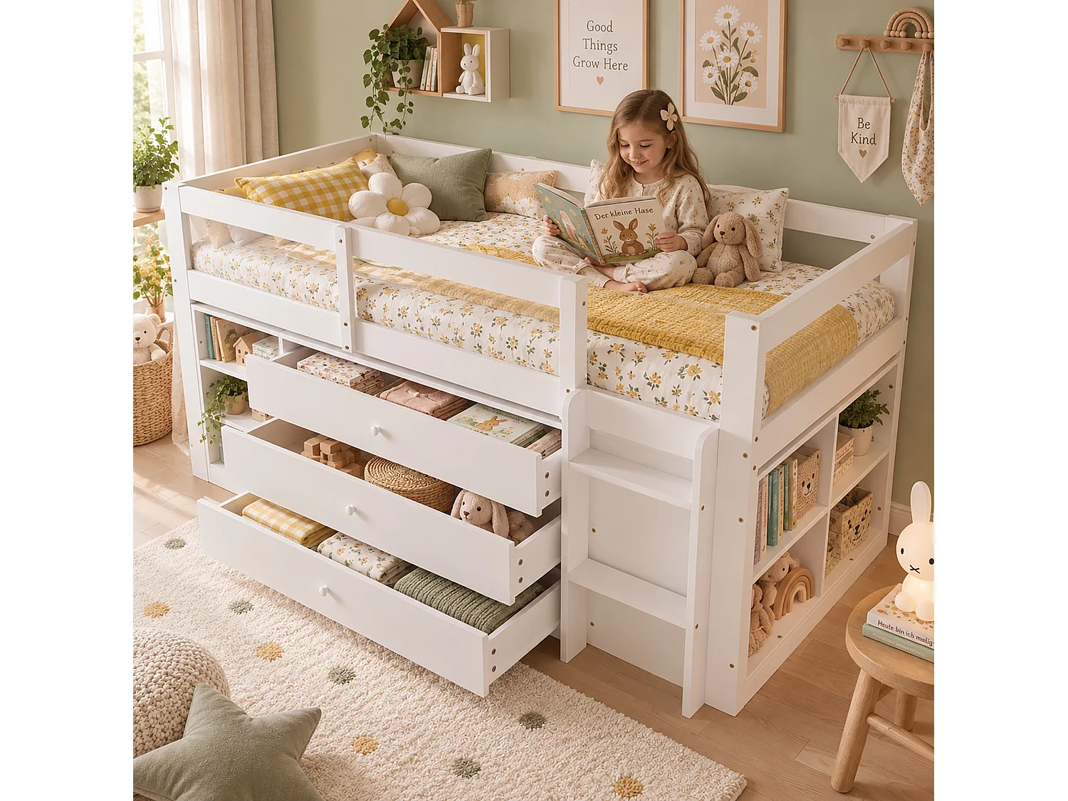 Kinder-Hochbett 90x200 cm – mit Leiter – mit 3 Schubladen und offenen Aufbewahrungsfächern – Massivholz + MDF – Weiß (ohne Matratze)