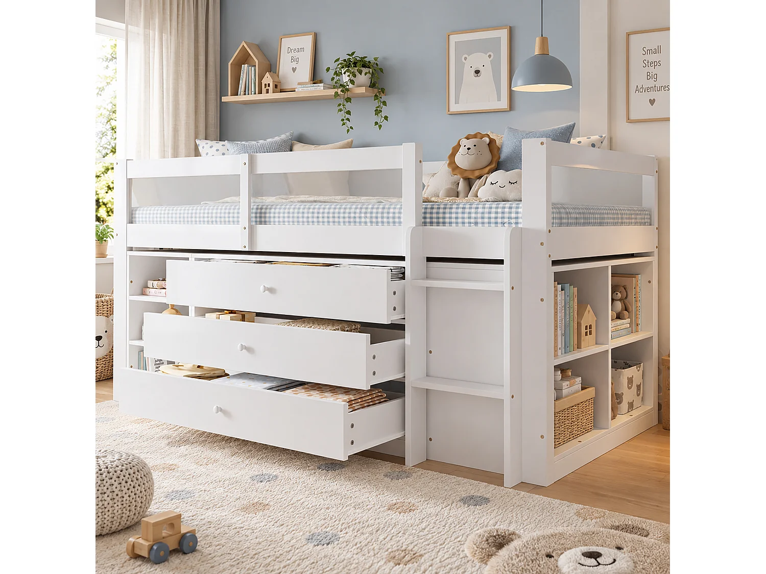 Kinder-Hochbett 90x200 cm – mit Leiter – mit 3 Schubladen und offenen Aufbewahrungsfächern – Massivholz + MDF – Weiß (ohne Matratze)