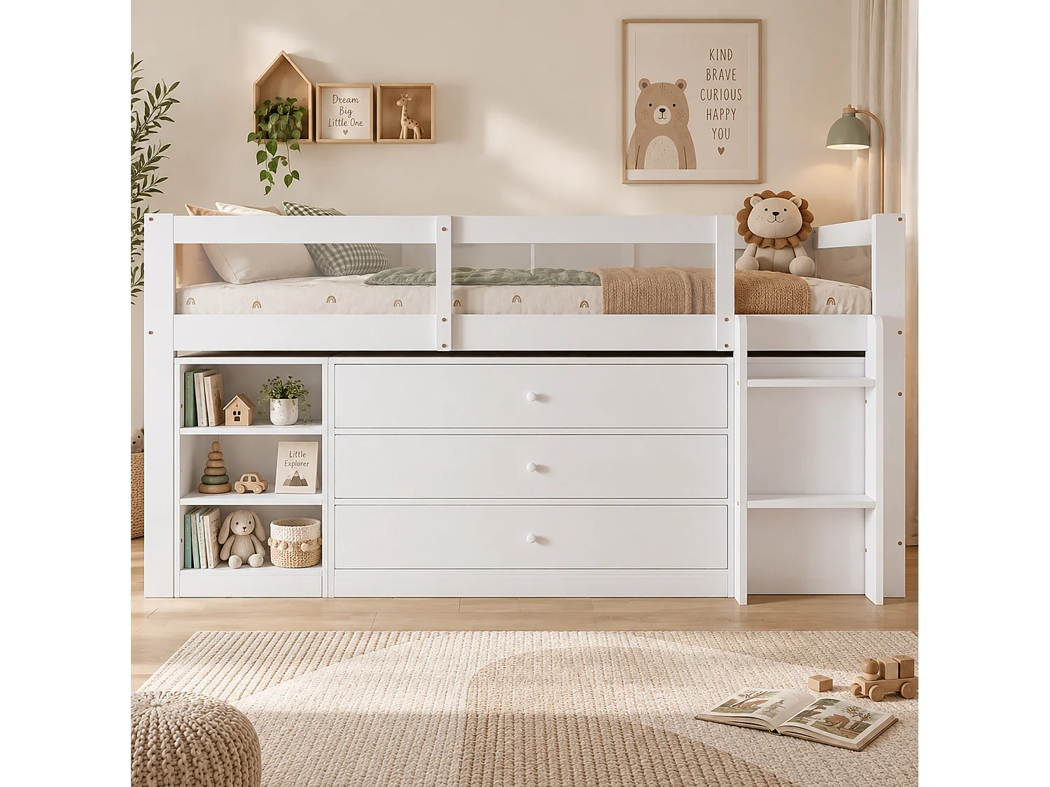 Kinder-Hochbett 90x200 cm – mit Leiter – mit 3 Schubladen und offenen Aufbewahrungsfächern – Massivholz + MDF – Weiß (ohne Matratze)
