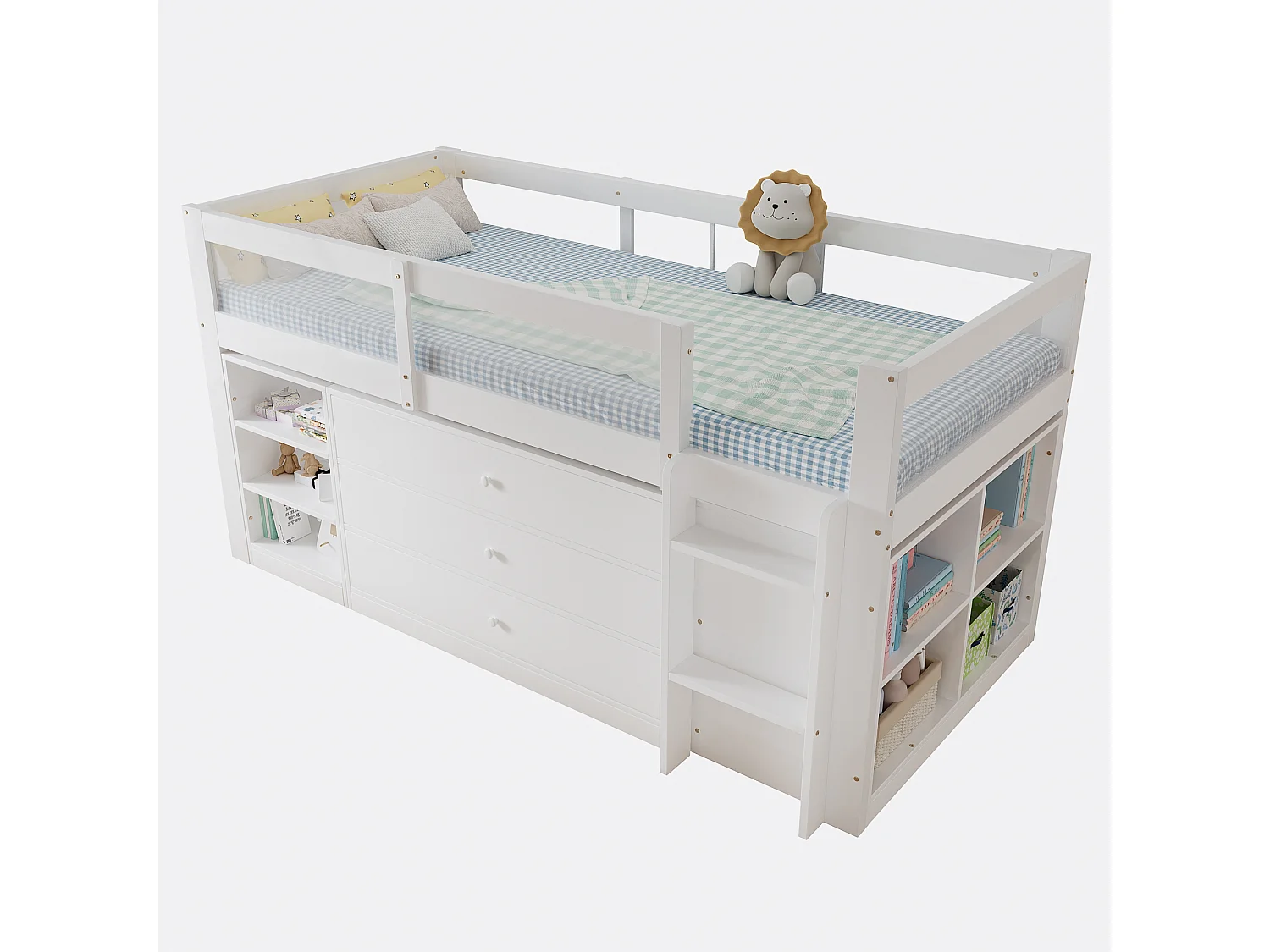 Kinder-Hochbett 90x200 cm – mit Leiter – mit 3 Schubladen und offenen Aufbewahrungsfächern – Massivholz + MDF – Weiß (ohne Matratze)