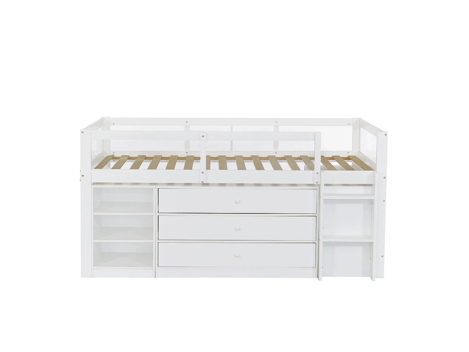 Kinder-Hochbett 90x200 cm – mit Leiter – mit 3 Schubladen und offenen Aufbewahrungsfächern – Massivholz + MDF – Weiß (ohne Matratze)