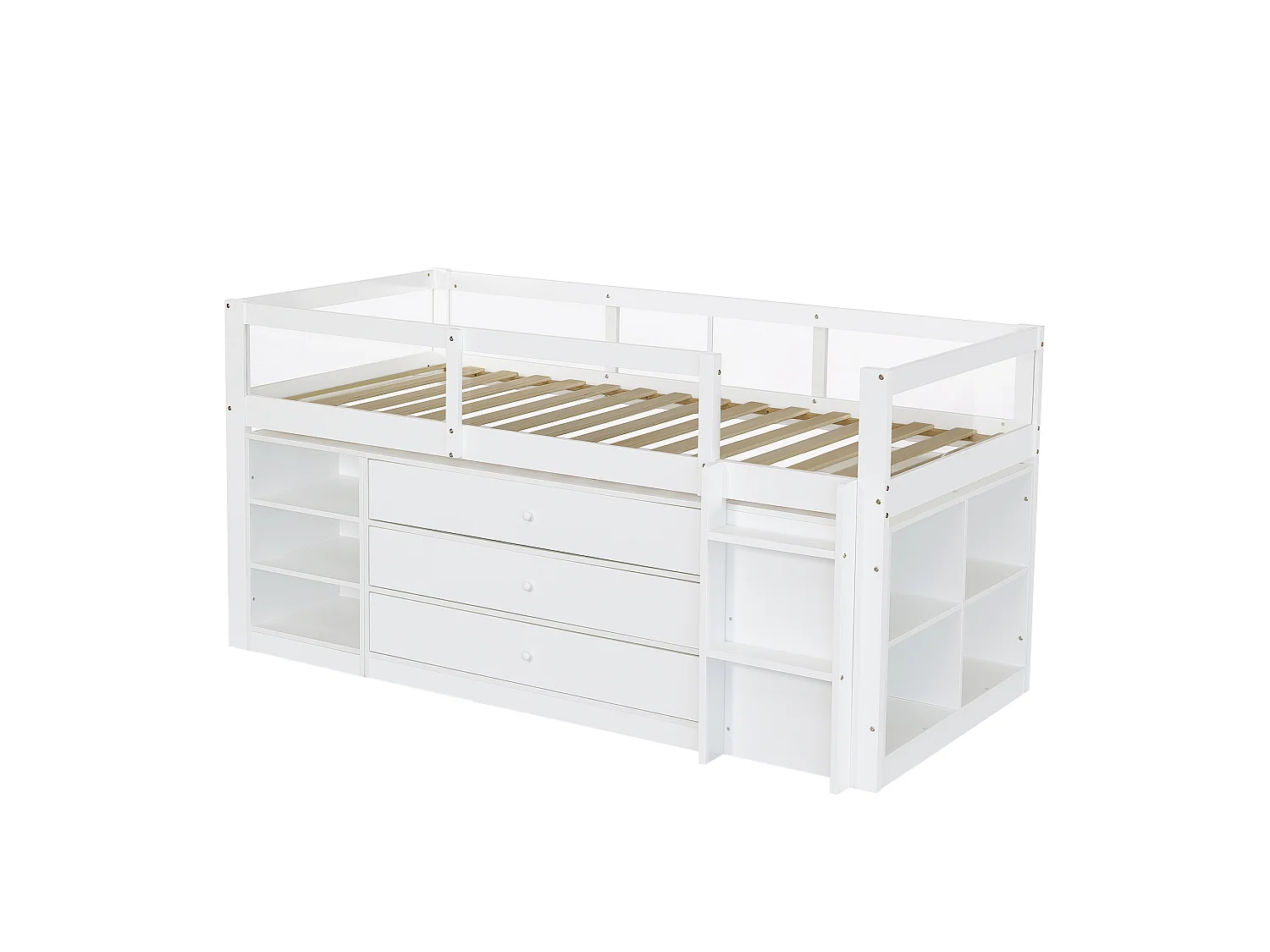 Kinder-Hochbett 90x200 cm – mit Leiter – mit 3 Schubladen und offenen Aufbewahrungsfächern – Massivholz + MDF – Weiß (ohne Matratze)