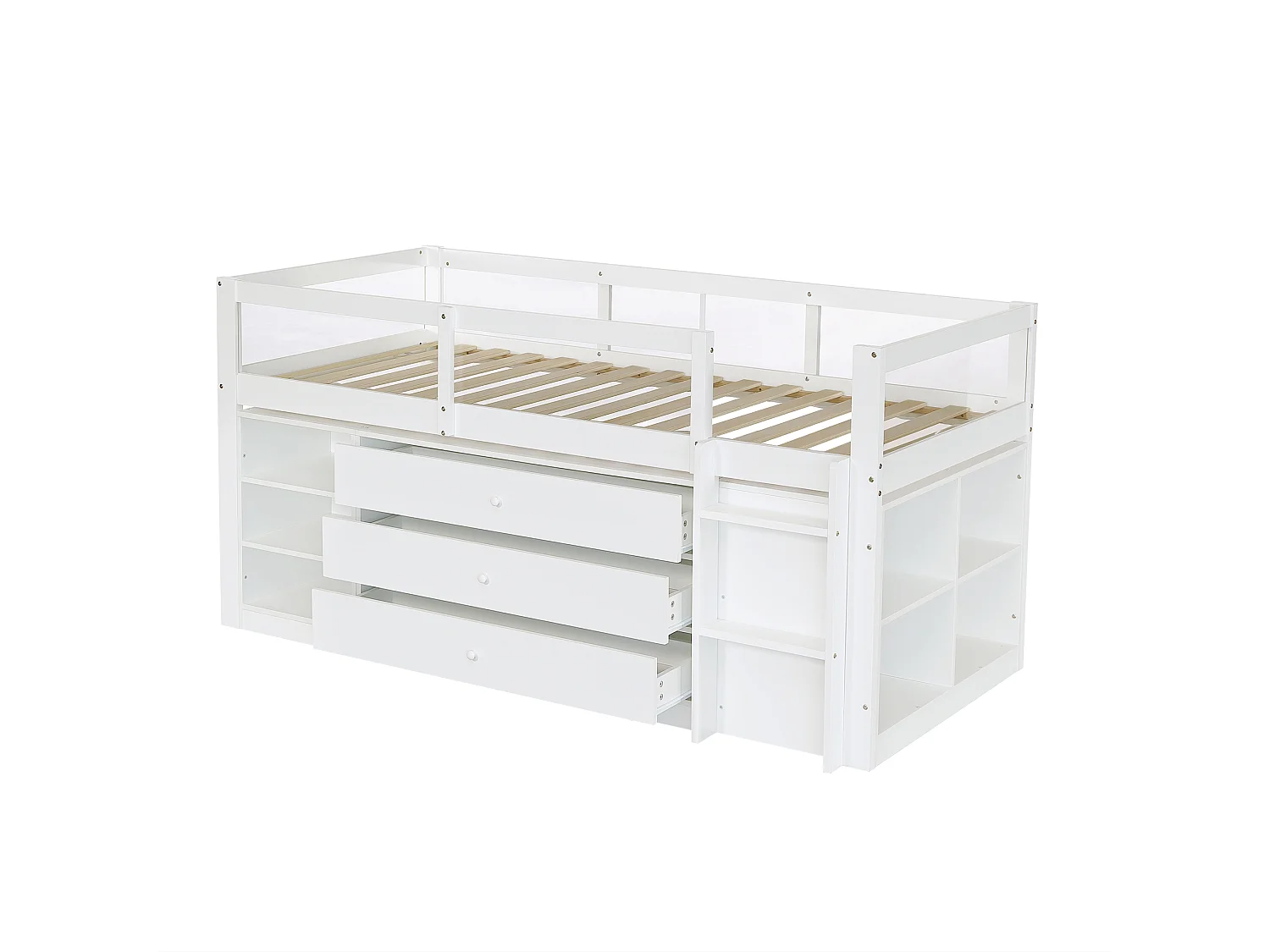 Kinder-Hochbett 90x200 cm – mit Leiter – mit 3 Schubladen und offenen Aufbewahrungsfächern – Massivholz + MDF – Weiß (ohne Matratze)
