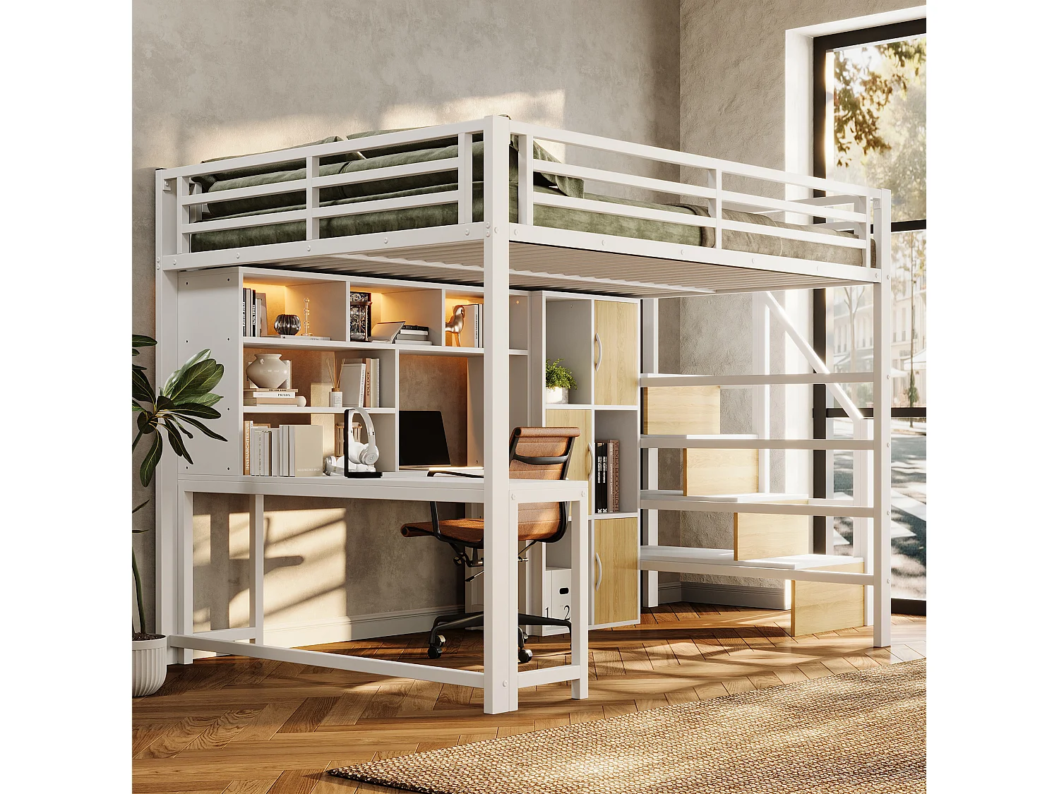 Hochbett 140 x 200 cm mit Schreibtisch, Stauraumtreppe, Schränken, Regalen und LED-Beleuchtung – Metall und MDF – Weiß (Matratze nicht im Lieferumfang enthalten)