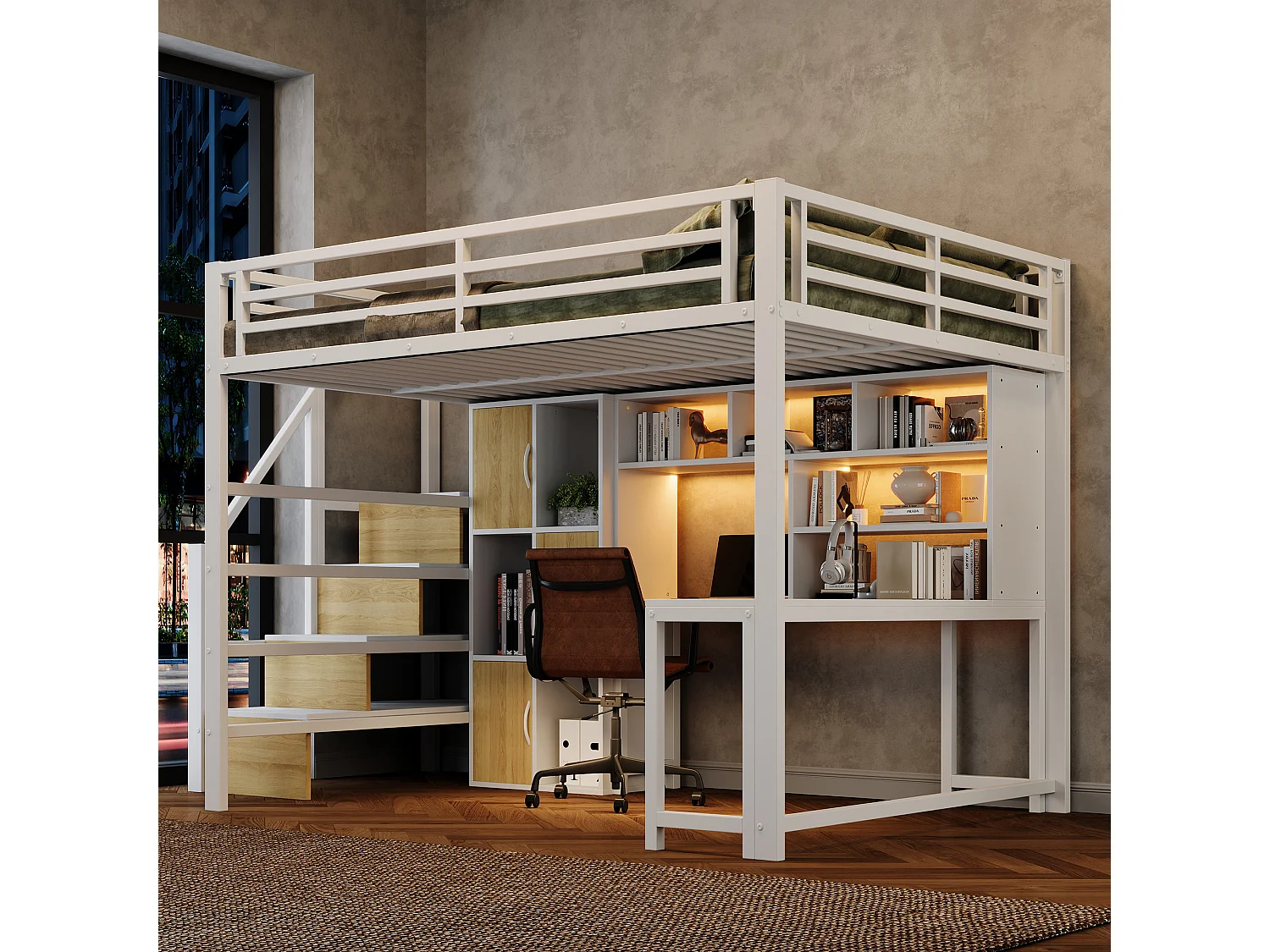 Hochbett 140 x 200 cm mit Schreibtisch, Stauraumtreppe, Schränken, Regalen und LED-Beleuchtung – Metall und MDF – Weiß (Matratze nicht im Lieferumfang enthalten)